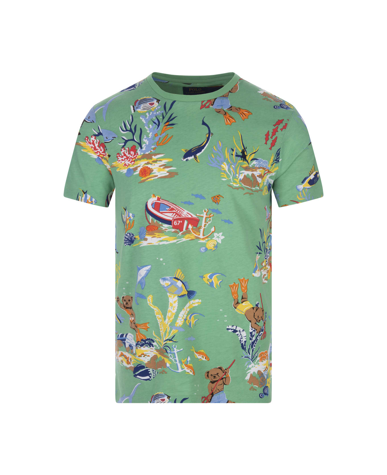 Ralph Lauren Green Slim-fit Custom T-shirt With Polo Bear In The Ocean Print - Verde