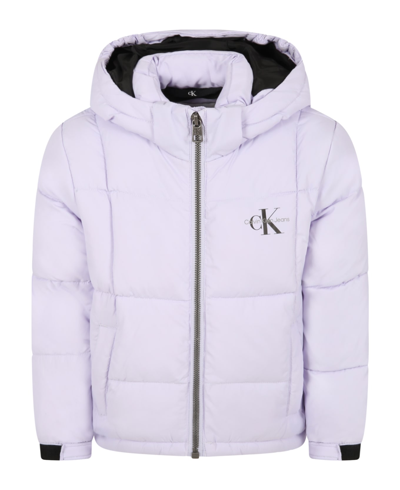 Calvin Glow Klein Lilac Down-jacket For Girl With Black Logo - Violet