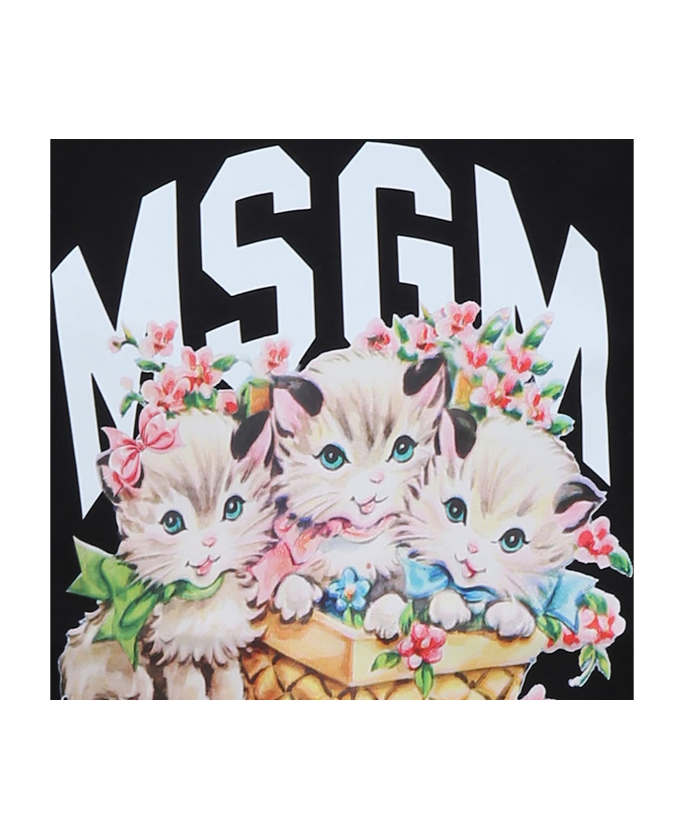 MSGM Black T-shirt For Girl With Logo And Cat Print - Black