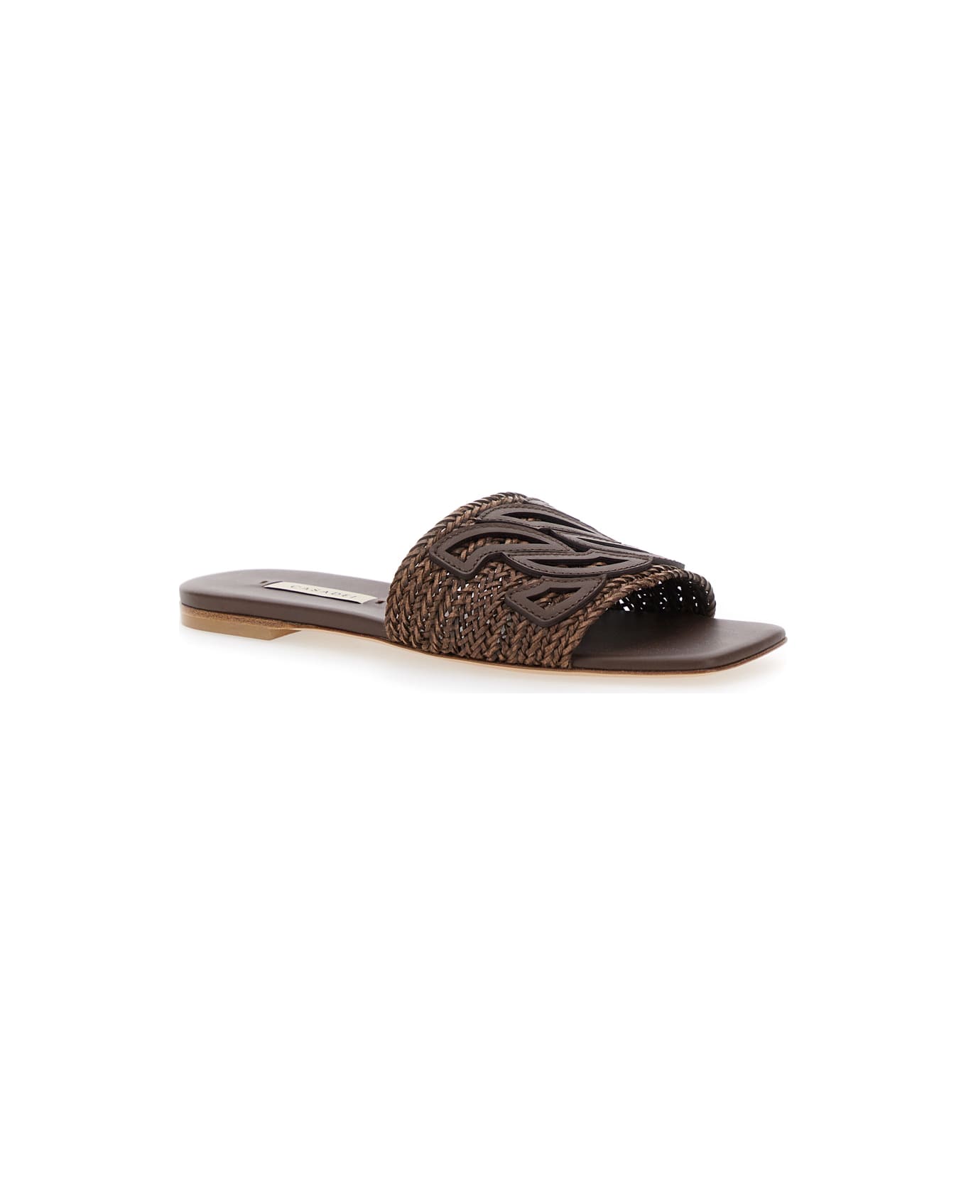 Casadei Brown Slide Sandals With Embossed Logo In Raffia Woman - Brown