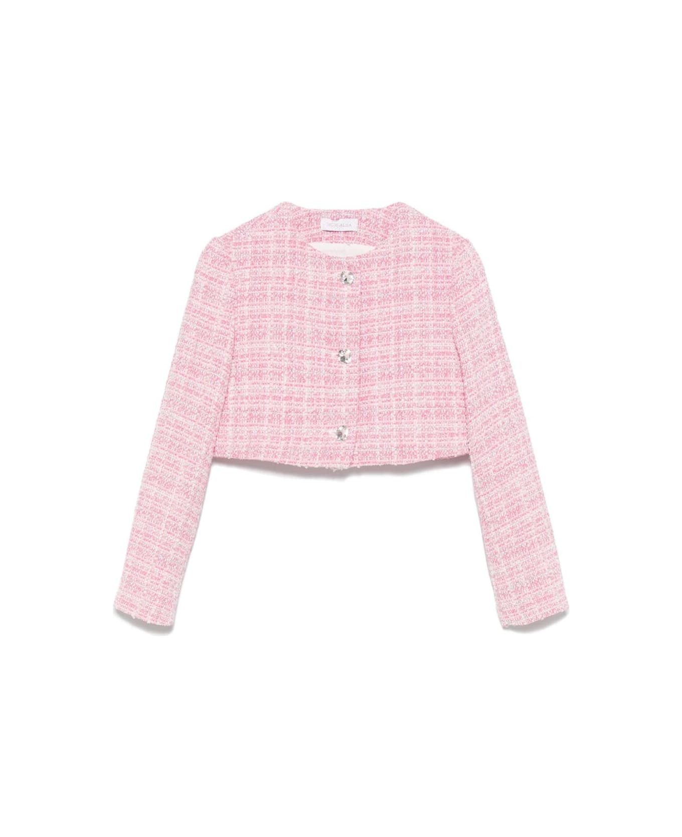 Monnalisa Pink Cropped Crewneck Jacket With Front Jewel Buttons Closure With Crystals In Cotton Blend Girl - Pink