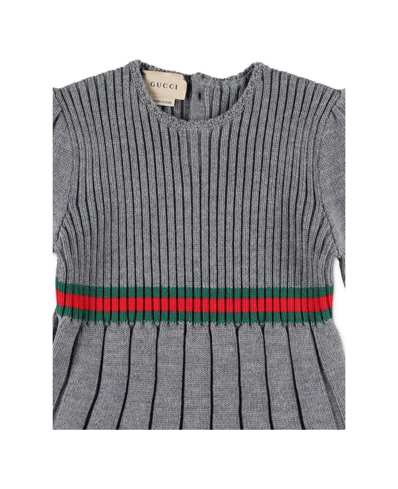 Gucci Grey Wool Dress With Web Ribbon - Grey