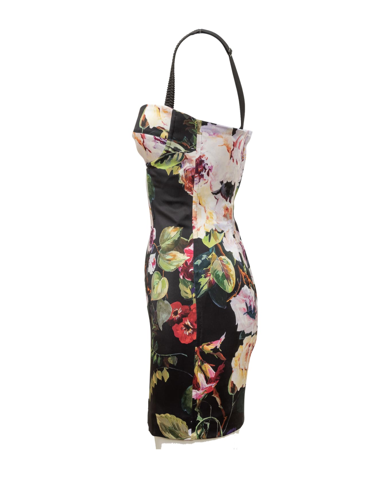 Dolce & Gabbana Stretch Silk Satin Bustier Dress In Rose Garden Print - ROSETO FDO NERO ワンピース＆ドレス