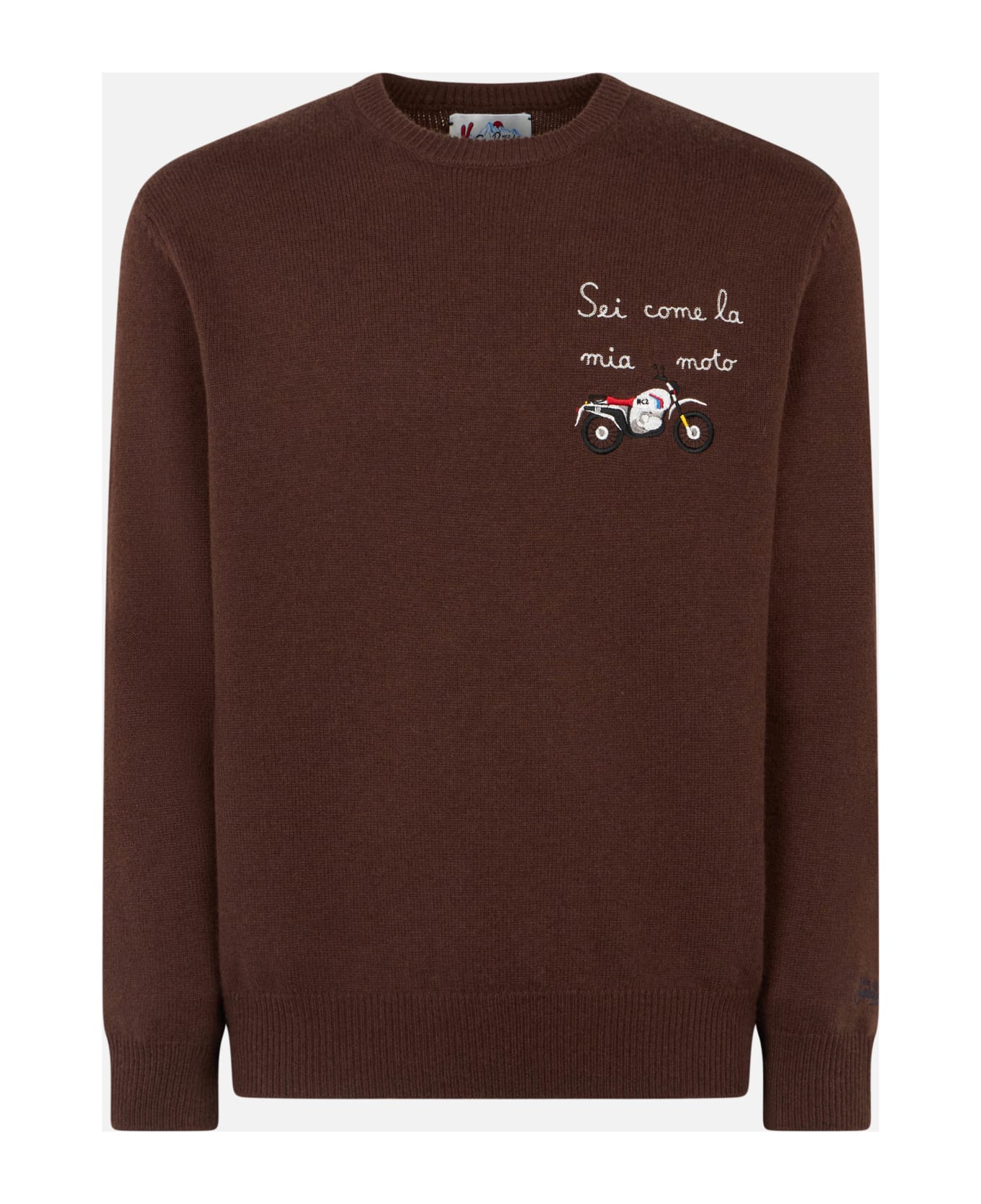MC2 Saint Barth Man Crewneck Sweater With Sei Come La Mia Moto Embroidery - BROWN