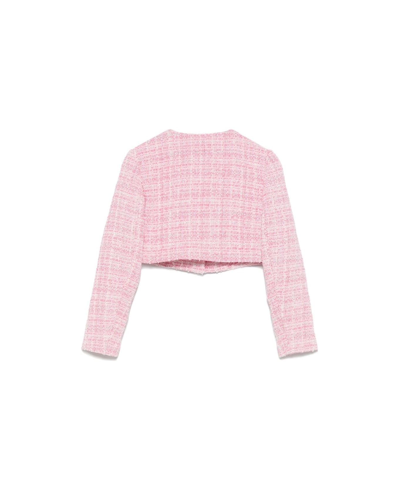 Monnalisa Pink Cropped Crewneck Jacket With Front Jewel Buttons Closure With Crystals In Cotton Blend Girl - Pink