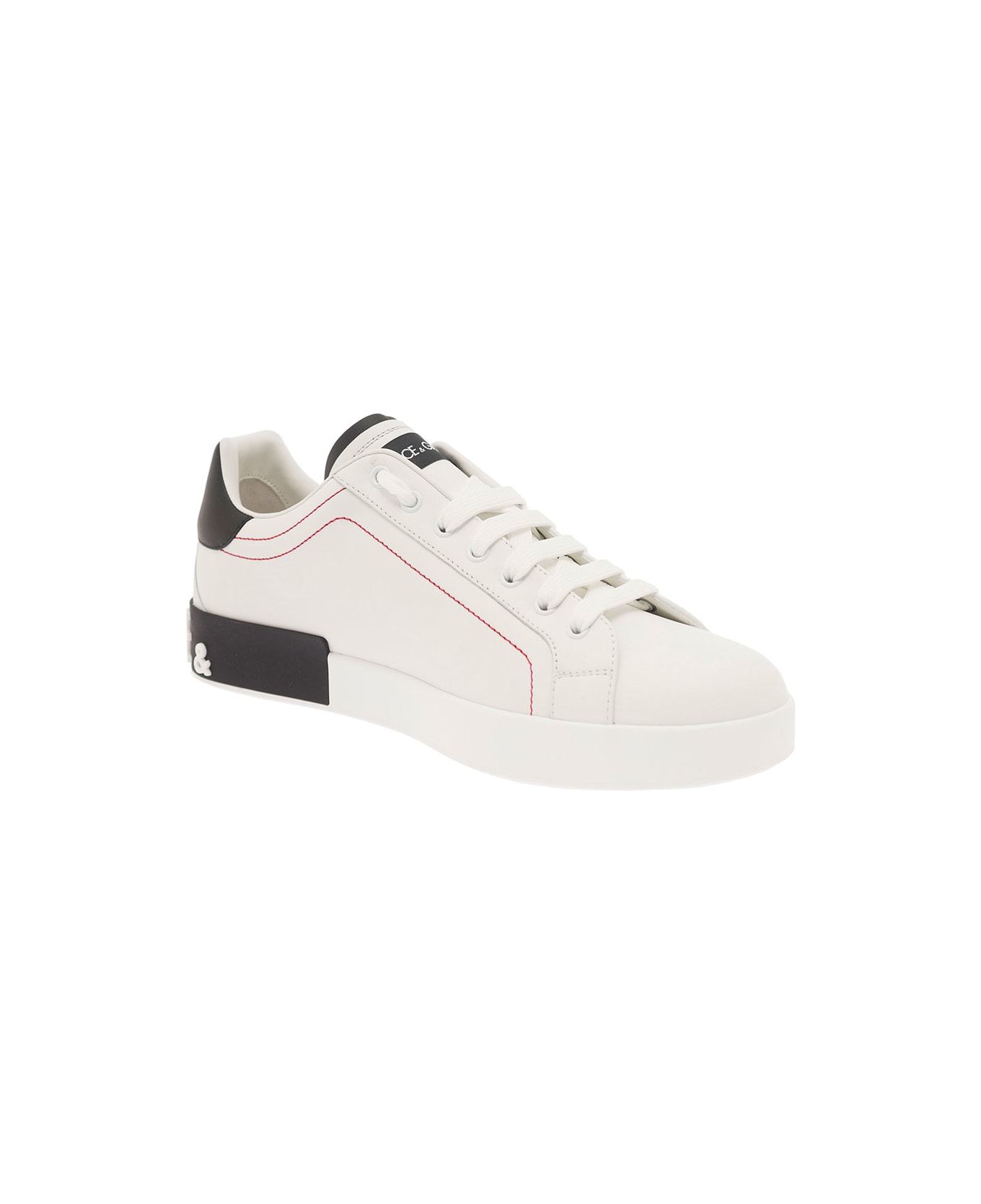 Dolce & Gabbana 'portofino' White Low Top Sneakers With Patch Logo And Red Stitching In Smooth Leather Man - White