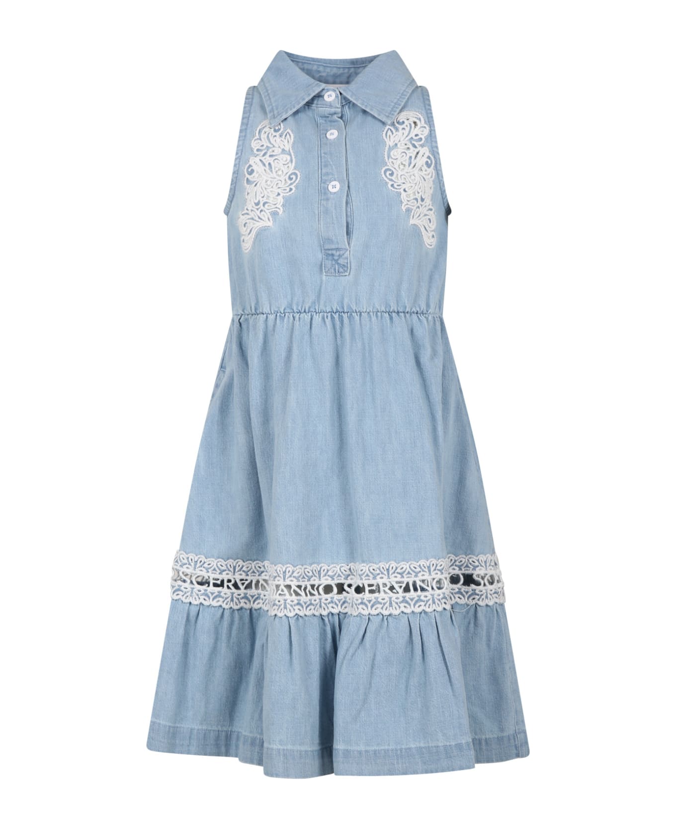 Ermanno Scervino Junior Blue Dress For Girl With Logo - Denim ワンピース＆ドレス