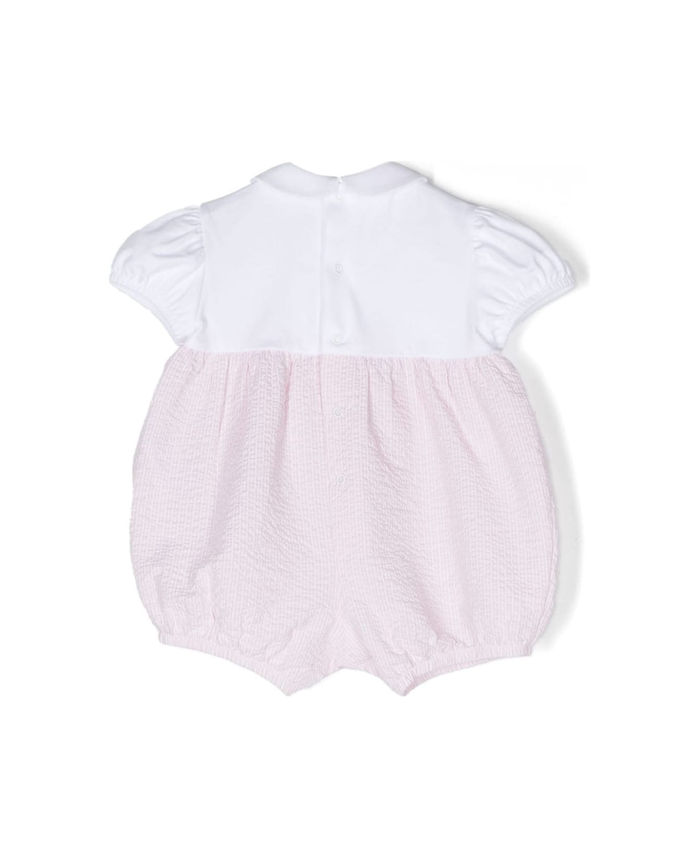 Il Gufo Pink And White Bimateric Short Playsuit With Appliqué Flowers - Pink