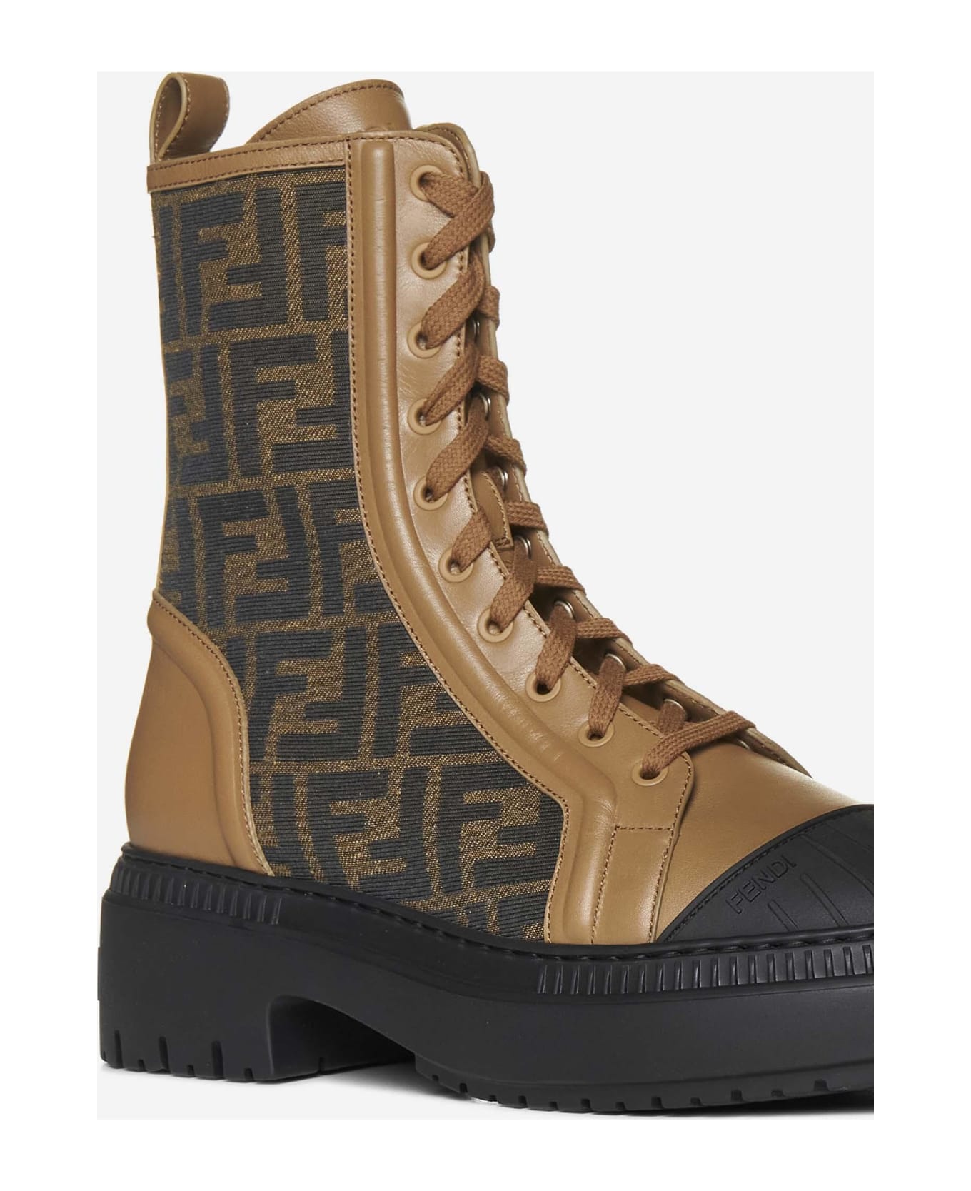Fendi Domino Leather And Ff Fabric Ankle Boots - Cuoio