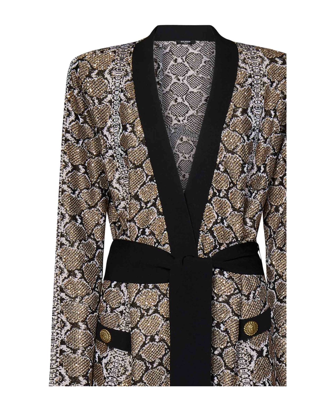 Balmain Glittered Python Knit Belted Cardigan - Eki Noir Camel Blanc