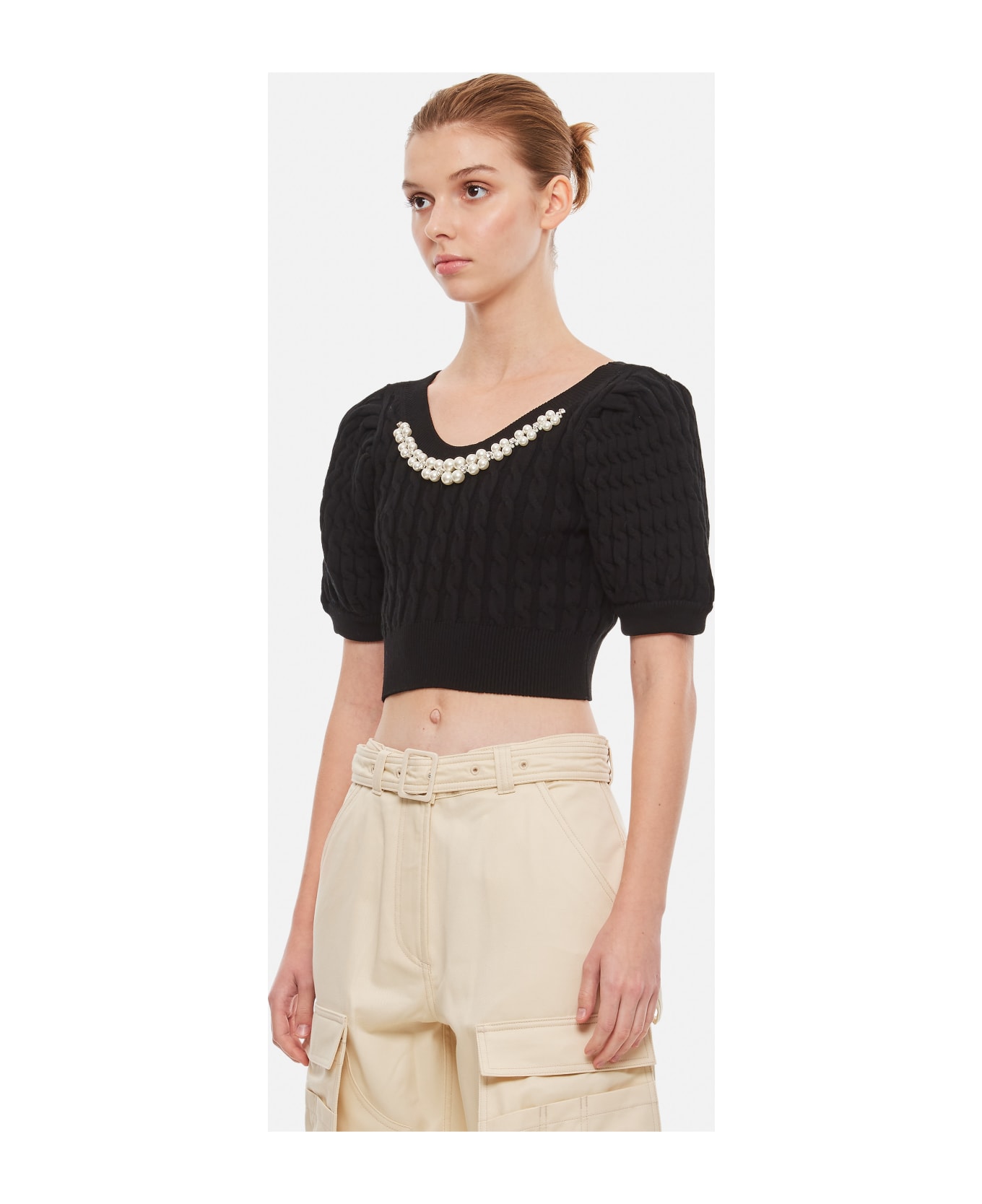 Simone Rocha Cropped Puff Sleeve Open Neck Cable Top - Black