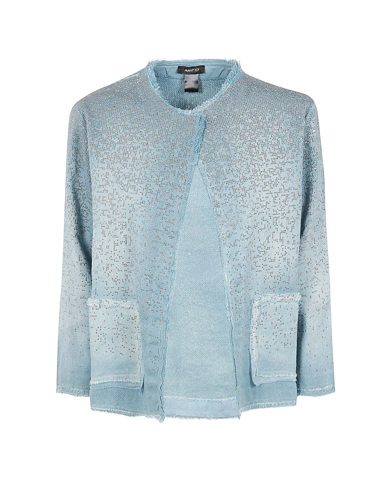 Avant Toi Round Neck Micro Mat Stitch Jacket With Studs And Strass - Water