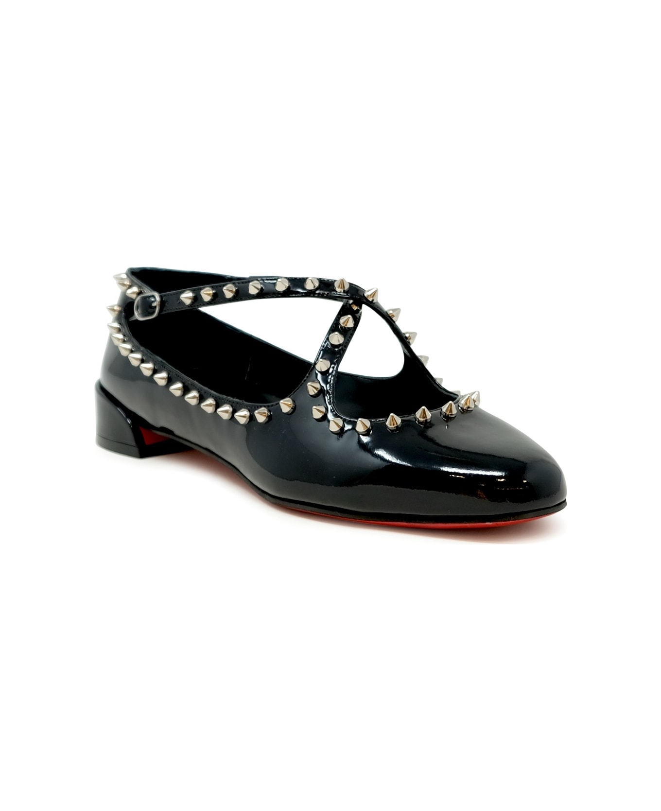 Christian Louboutin Black Patent Leather Pilouta Jane Spikes Flat Ballerinas - BLACK