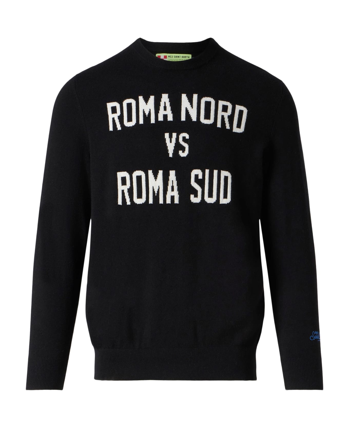 MC2 Saint Barth Man Lightweight Sweater Roma Nord Vs Roma Sud Jacquard Print - BLACK