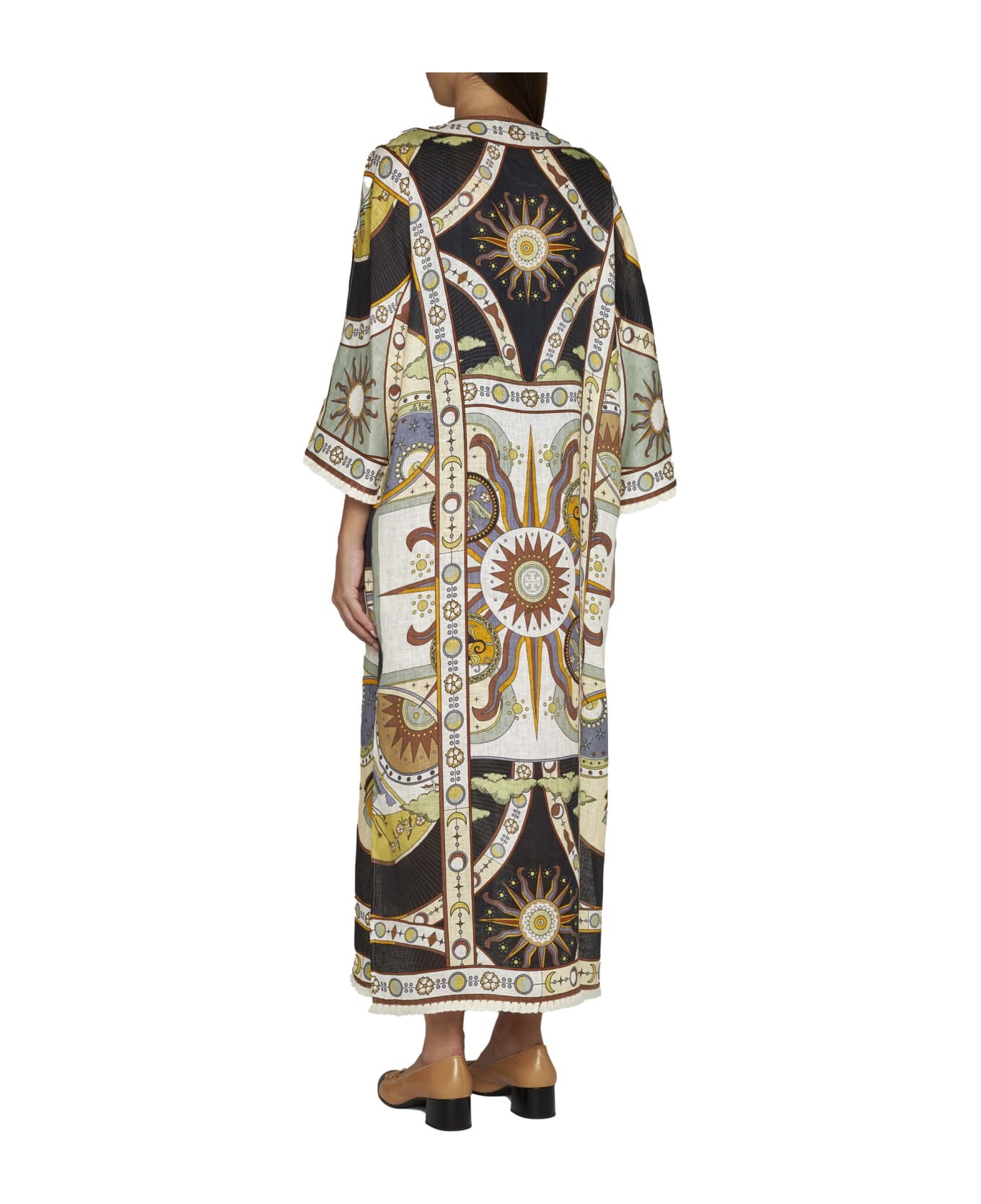 Tory Burch Kaftan With All-over Graphic Print In Linen - Navy sundial ワンピース＆ドレス