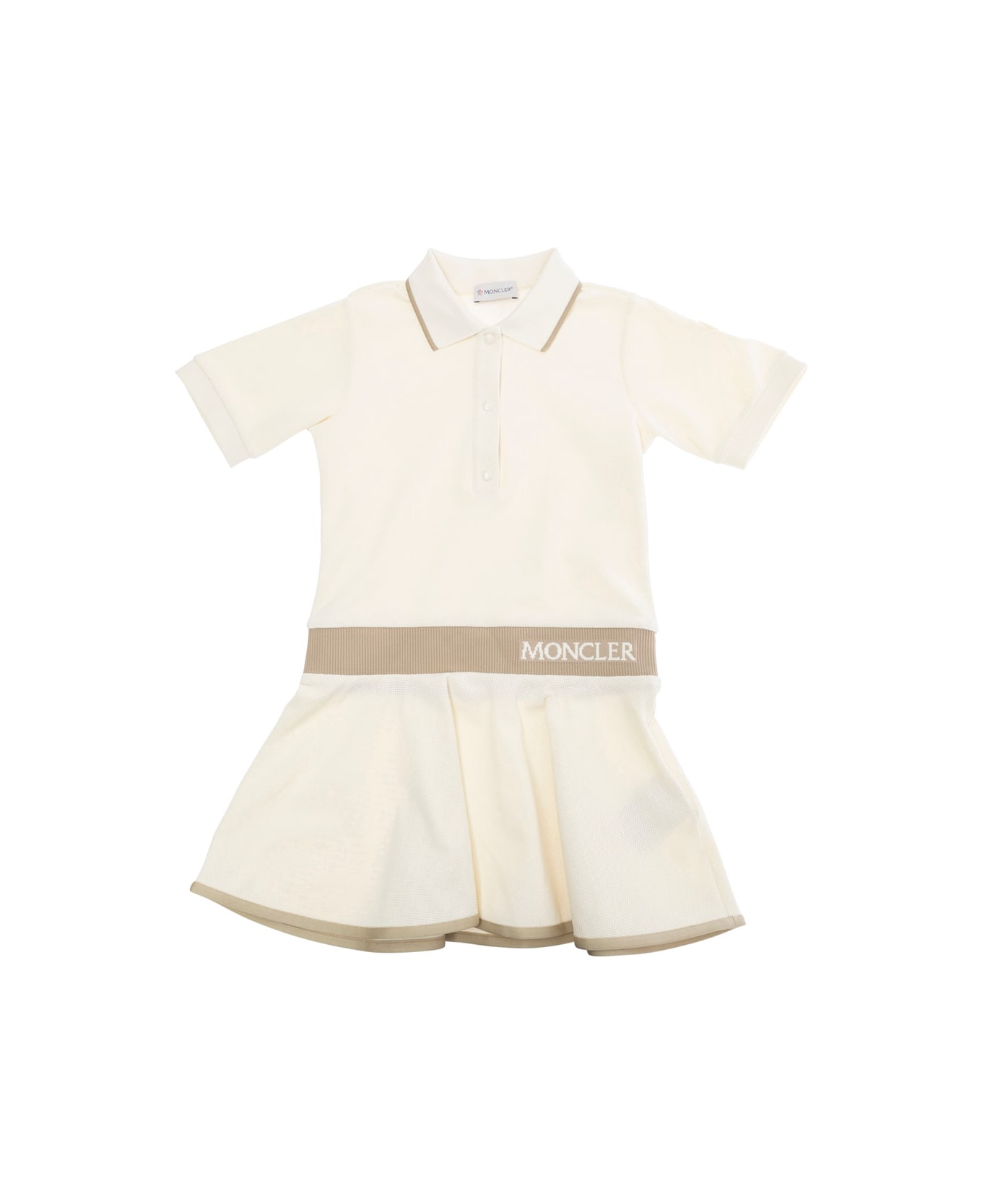 Moncler Beige Dress With Classic Collar And Logo Lettering On The Front In Cotton Blend Girl - Beige