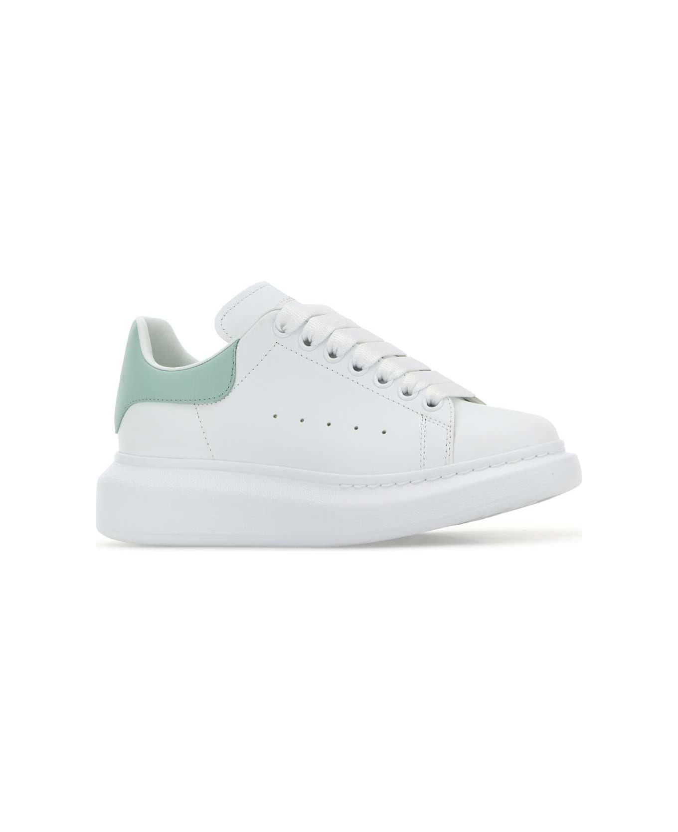 Alexander McQueen White Leather Sneakers With Sea Green Leather Heel - WHITESPEARMINT