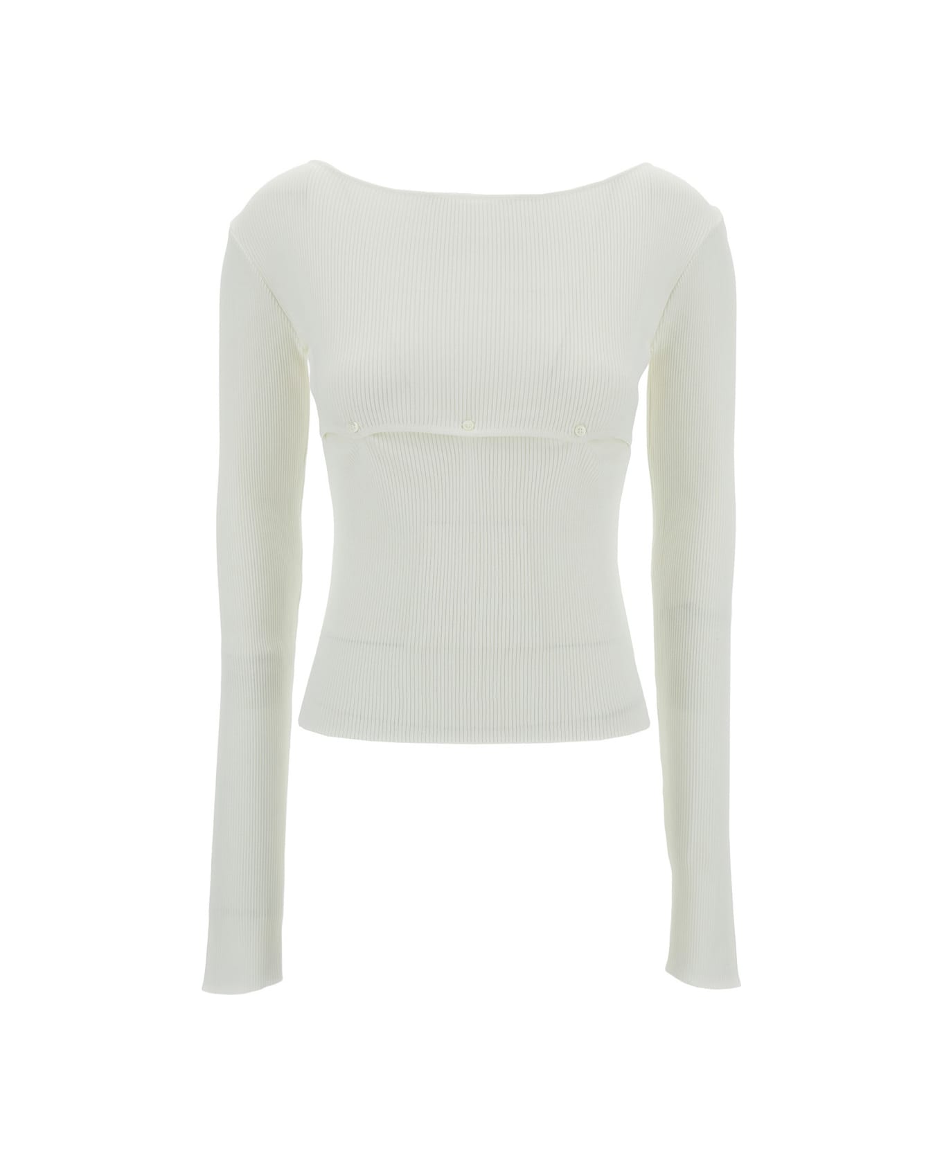 Low Classic White Ribbed Top With Boat Neckline And Buttons In Rayon Blend Woman - White ニットウェア