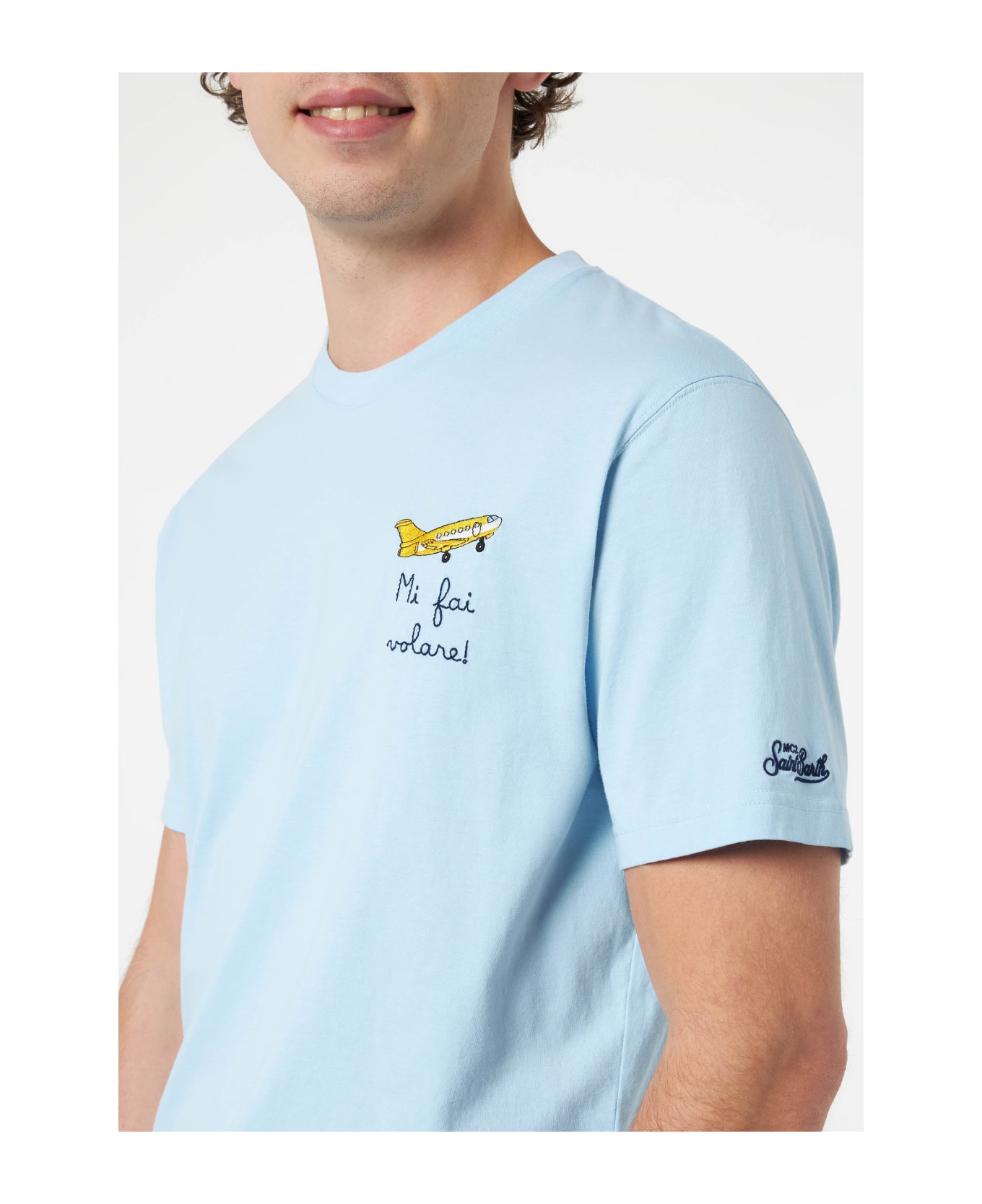 MC2 Saint Barth Man Classic Fit Cotton Jersey T-shirt Portofino With Mi Fai Volare Embroidery - SKY
