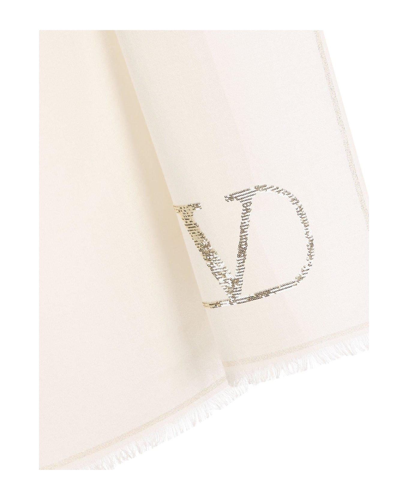 Valentino Garavani Logo Embellished Fringed Edge Scarf - Beige