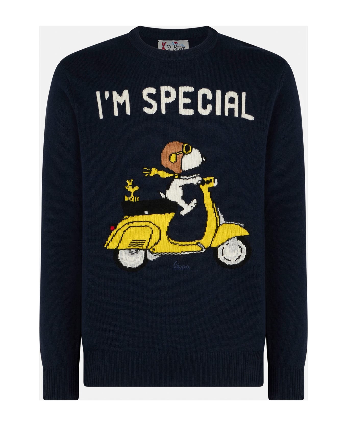 MC2 Saint Barth Man Crewneck Sweater With Snoopy Scooter Jacquard | Snoopy - ©peanuts Special Edition - BLUE