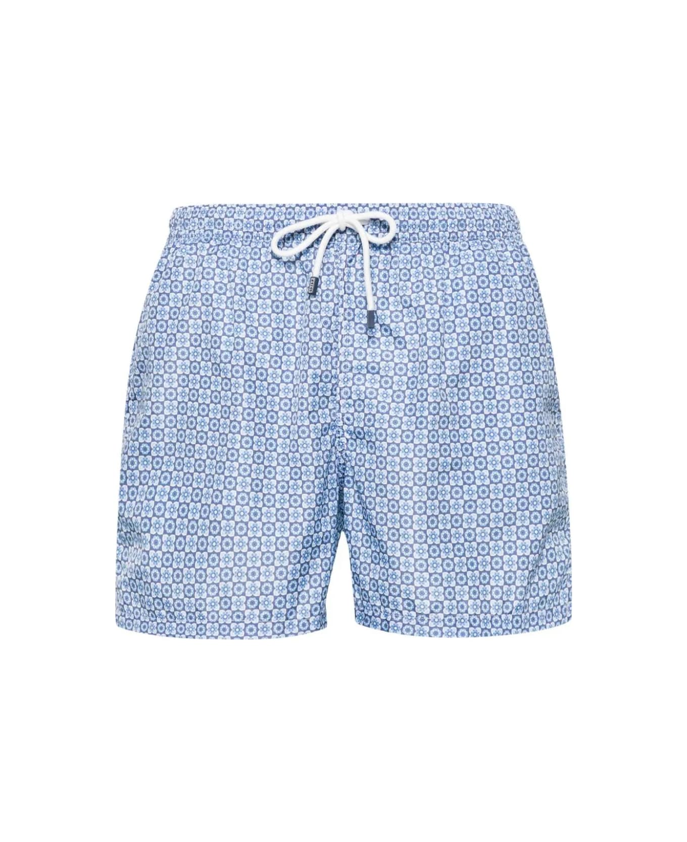 Fedeli Blue Swim Shorts With Flower Pattern - Blue