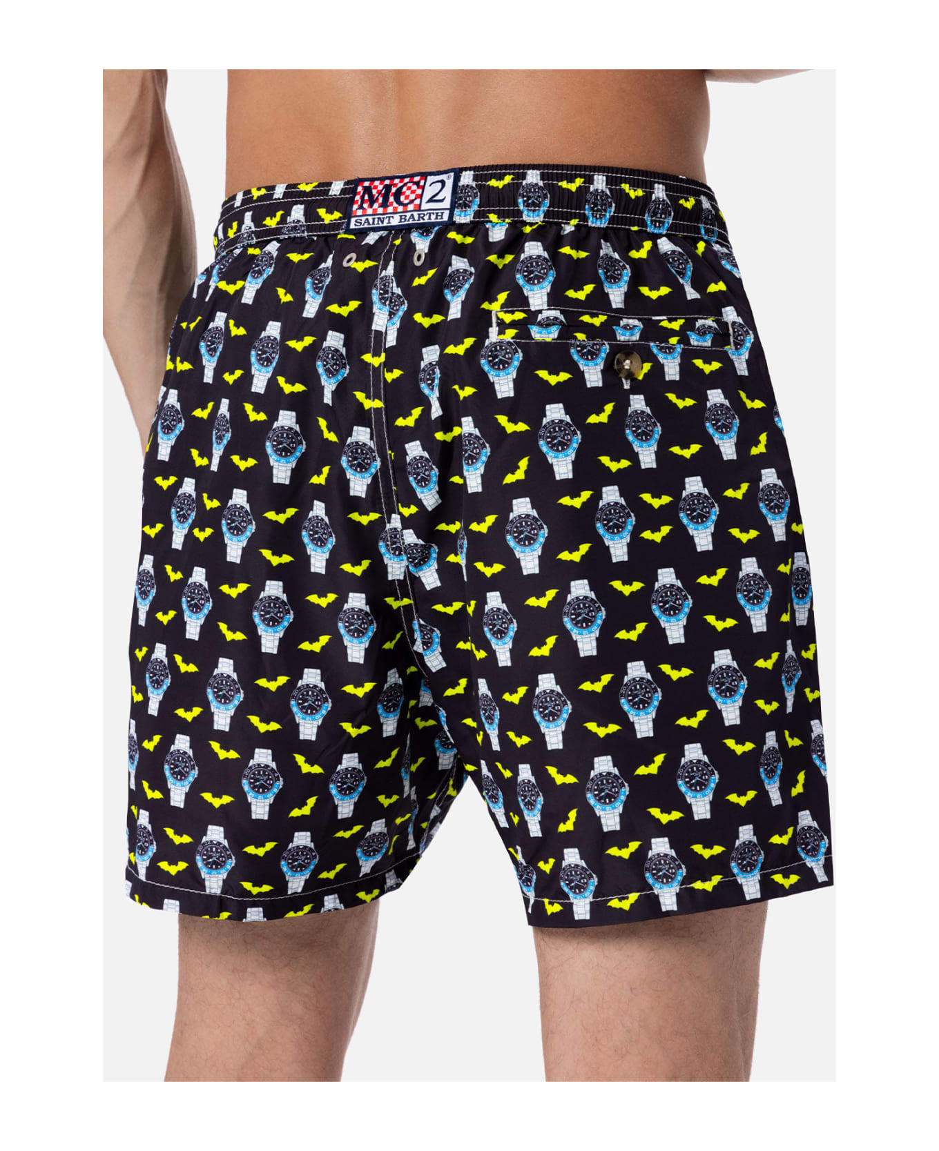 MC2 Saint Barth Man Lightweight Fabric Swim-shorts Lighting Micro Fantasy With Watches Print - BLACK