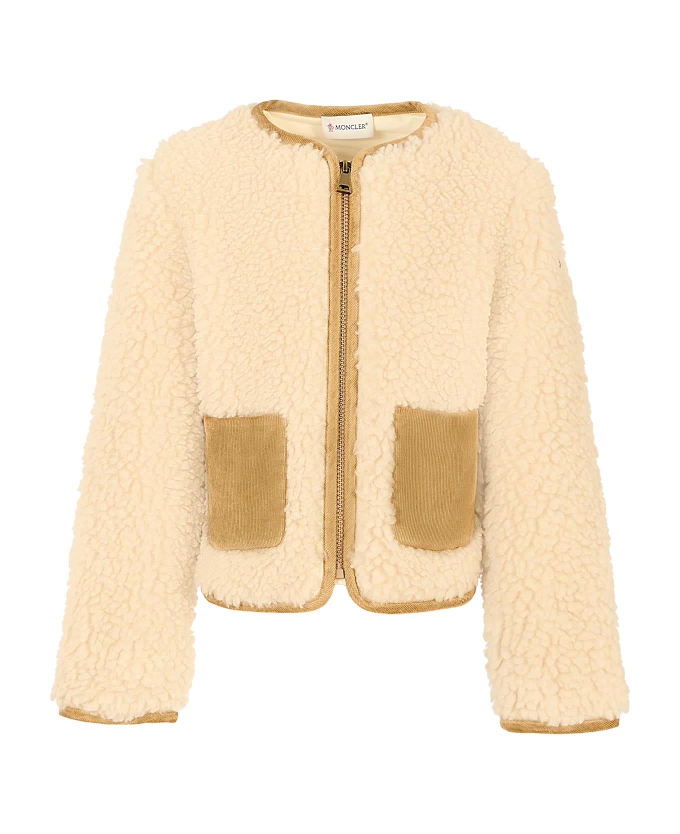 Moncler Ivory Fur Coat For Girl With Logo - Ivory