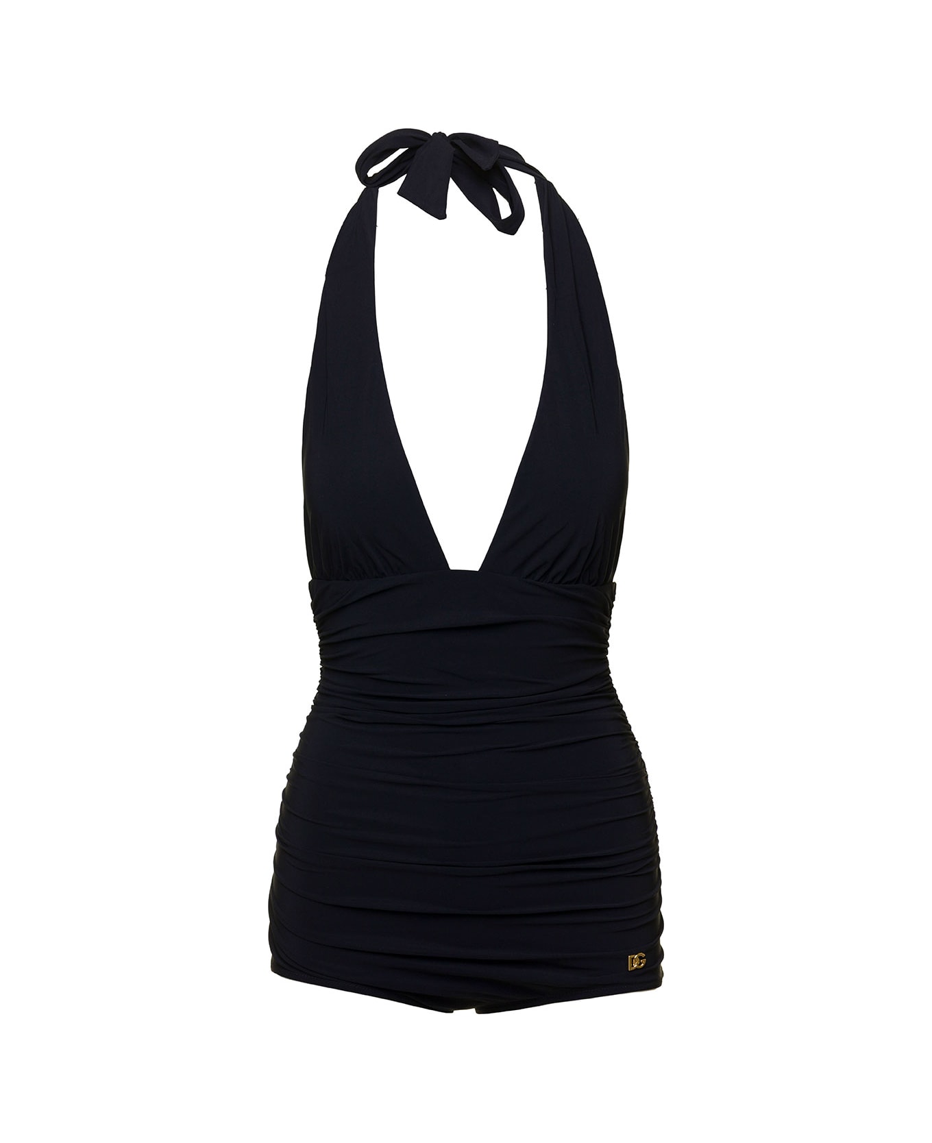 Dolce & Gabbana Black Gathered One-piece Swimsuit With Logo Patch In Stretch Polyamide Woman - Black