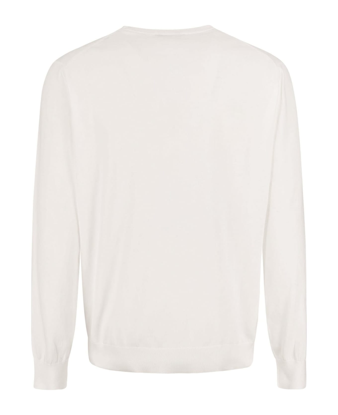 Kangra White Cotton Ribbed Sweater - White フリース