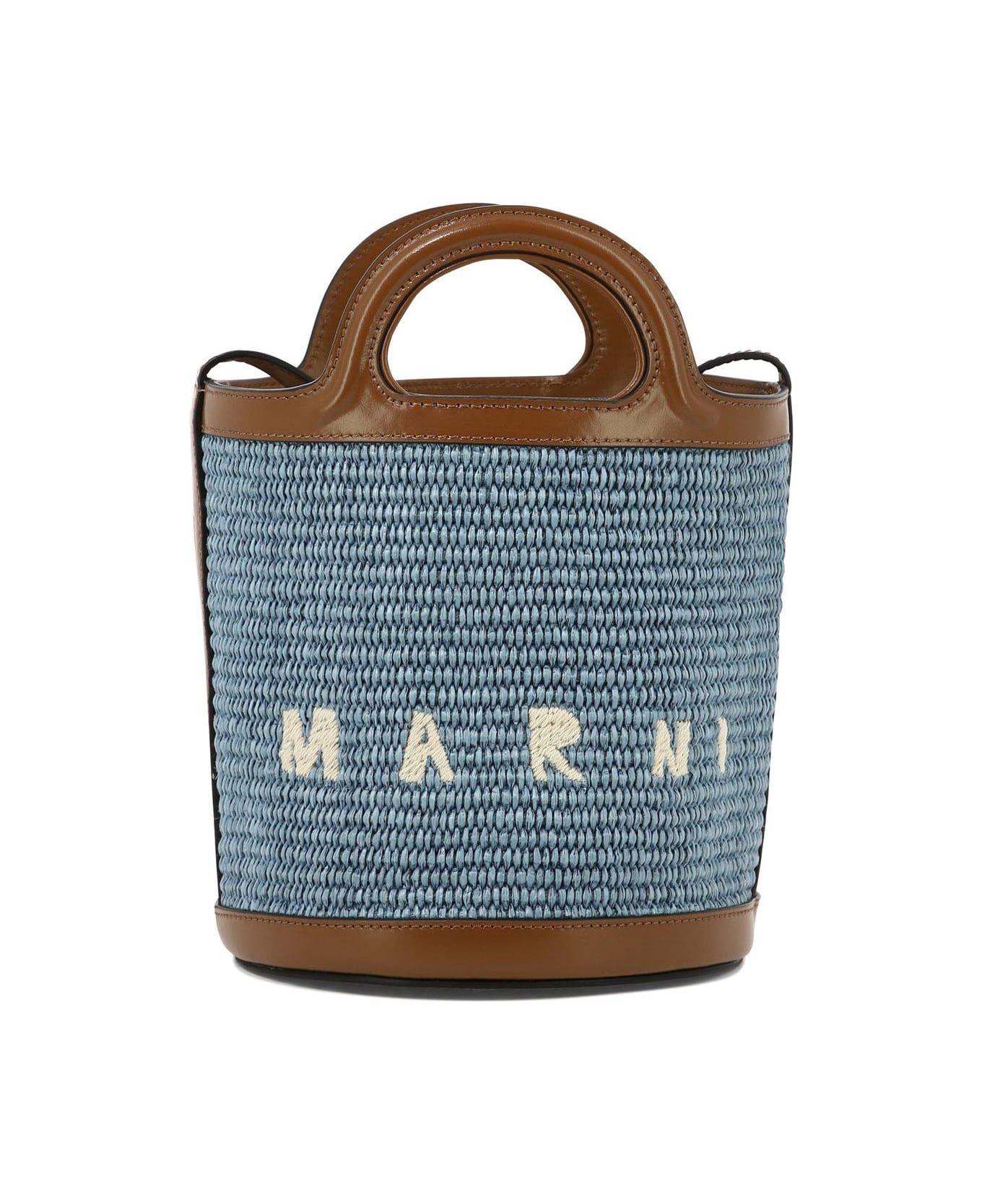 Marni Tropicalia Mini Bag In Brown Leather And Light Blue Raffia - Brown トートバッグ