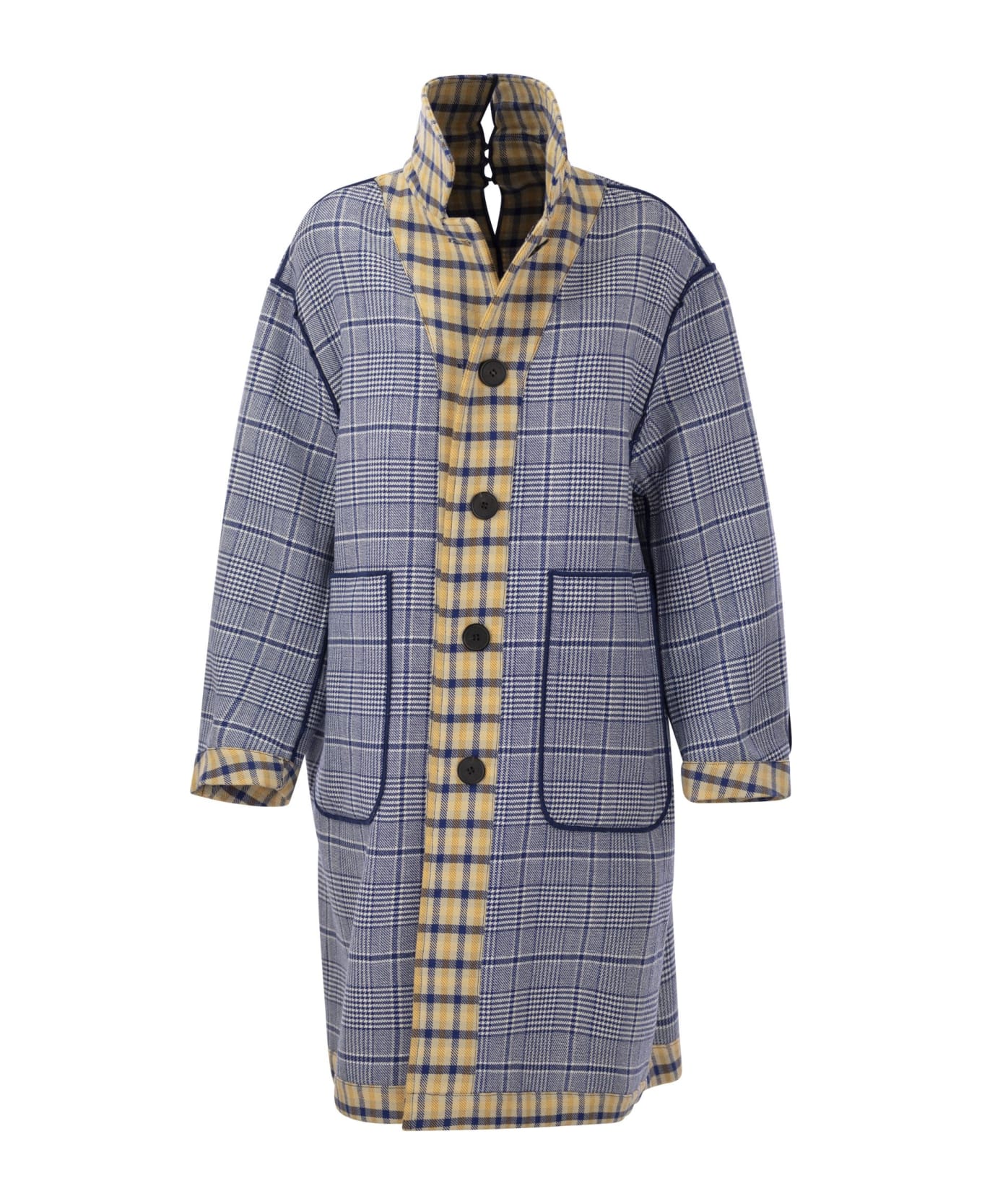 Marni Reversible Wool Coat With Check Pattern - Yellow/blue