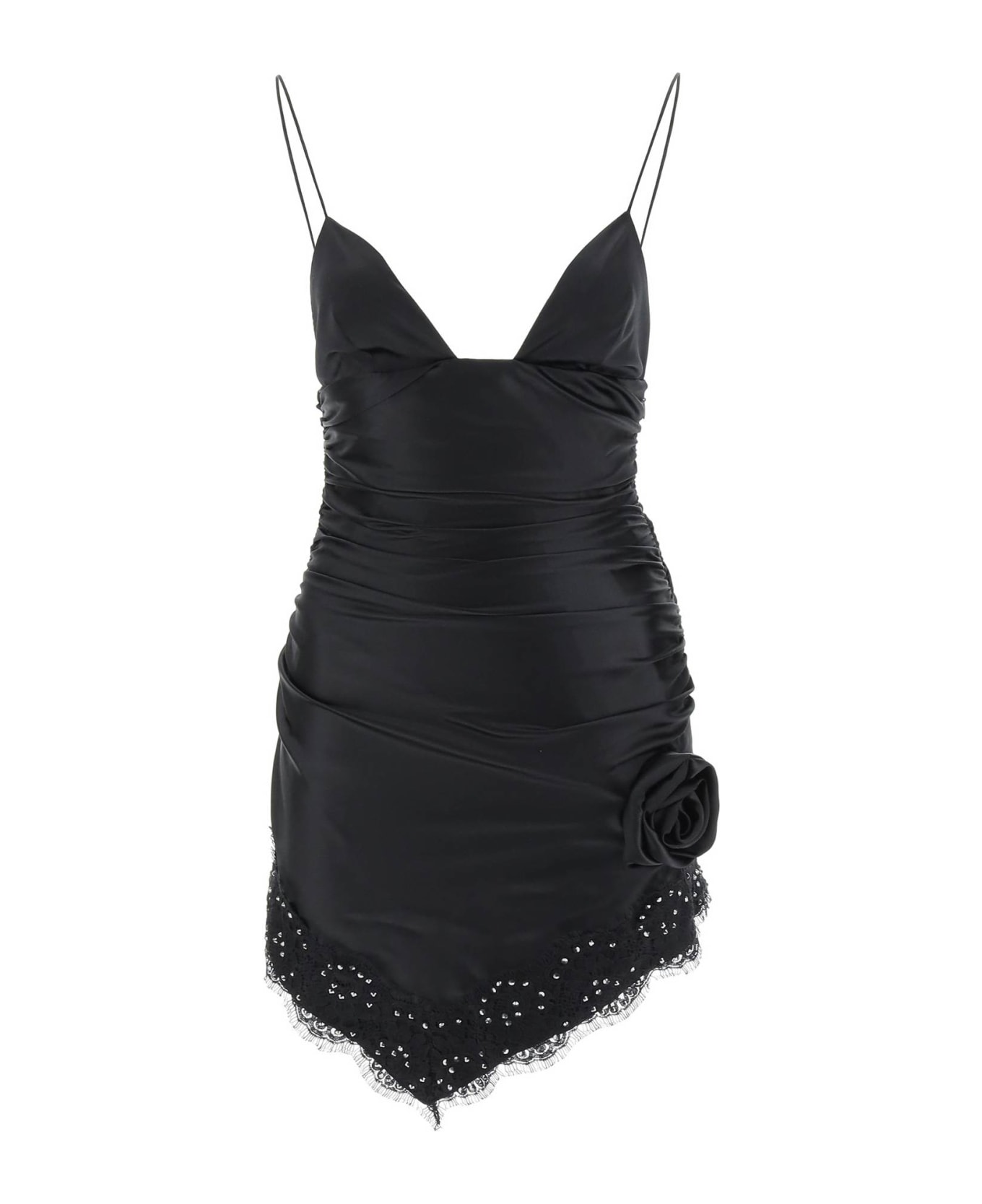 Alessandra Rich Ruched Mini Dress With Diamanté Lace Trim - Black