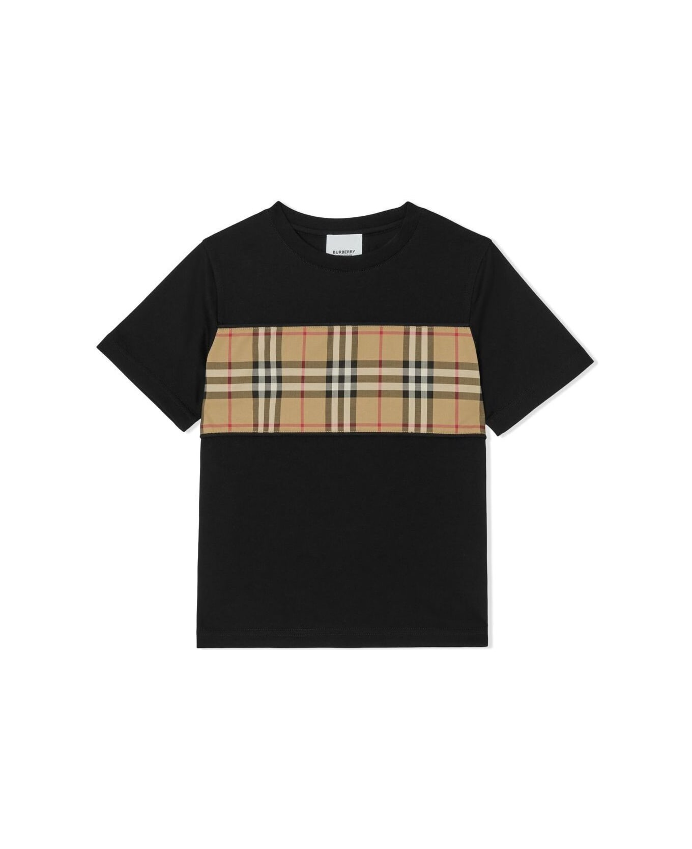 Burberry Black Crewneck T-shirt With Vintage Check Print In Cotton Boy - Black