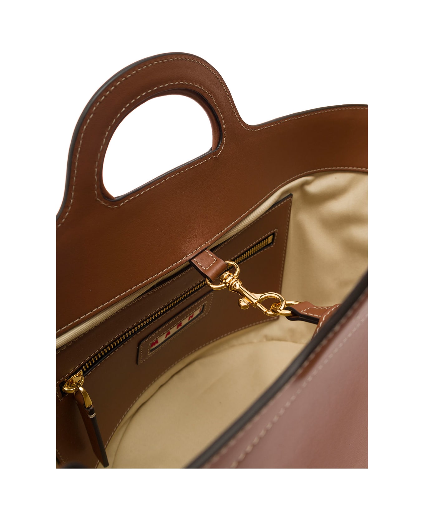 Marni 'tropicalia Small' Brown Handbag With Embossed Logo And Contrasting Stitch In Leather Woman - Beige