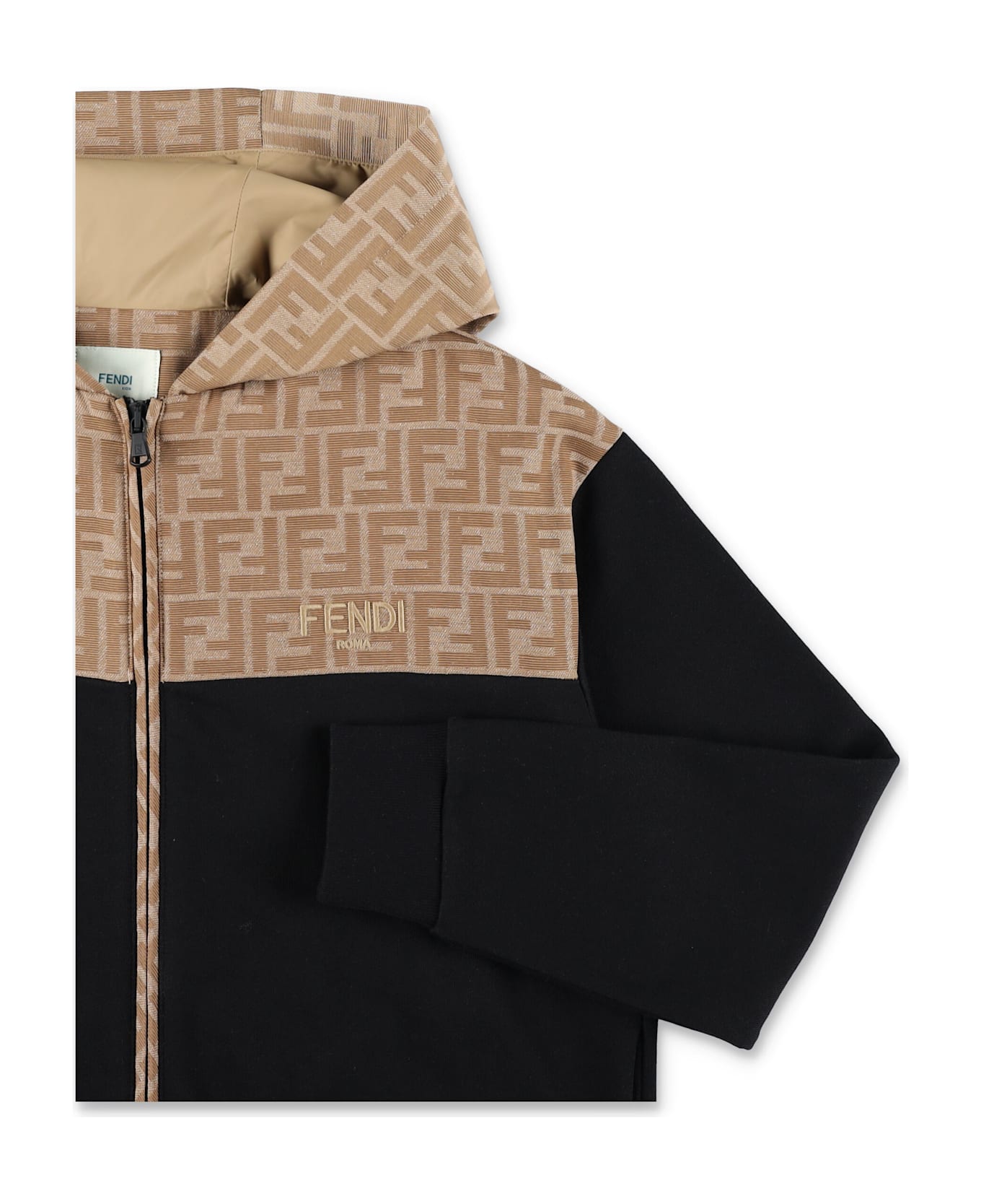 Fendi Kids Black Hoodie With Ff Logo Detail - CAMEL+BLACK