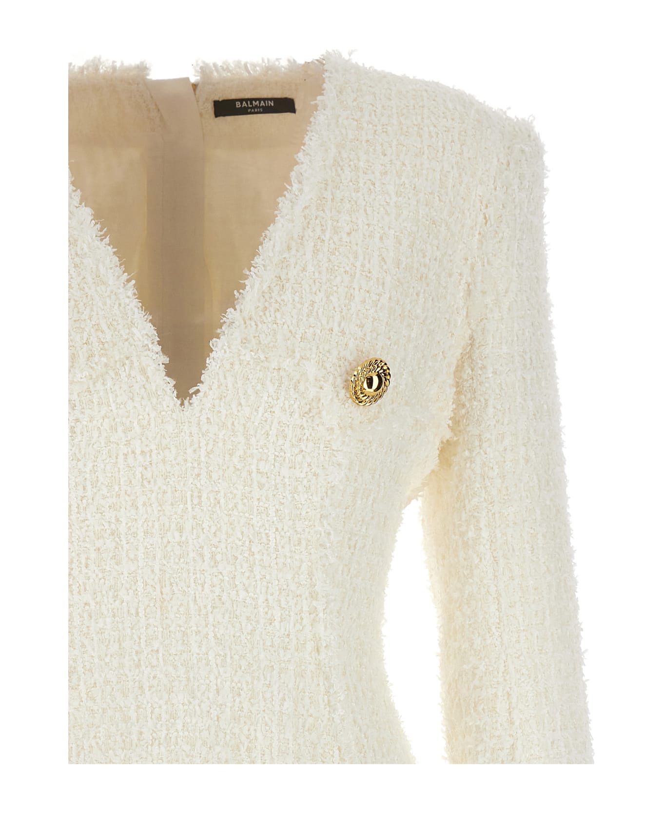 Balmain Logo Button Tweed Dress - Fa Blanc
