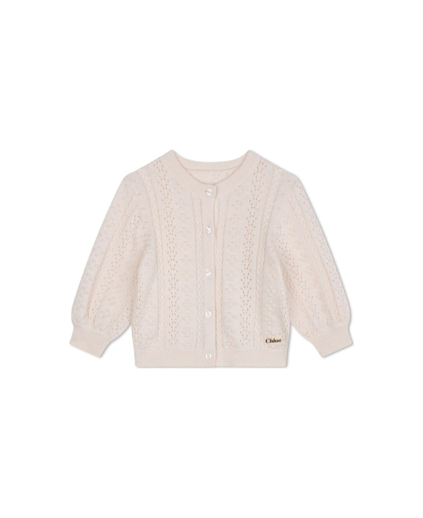 Chloé White Crewneck Cardigan With Logo Lettering On The Front In Cotton And Wool Blend Baby - White Tシャツ＆ポロシャツ