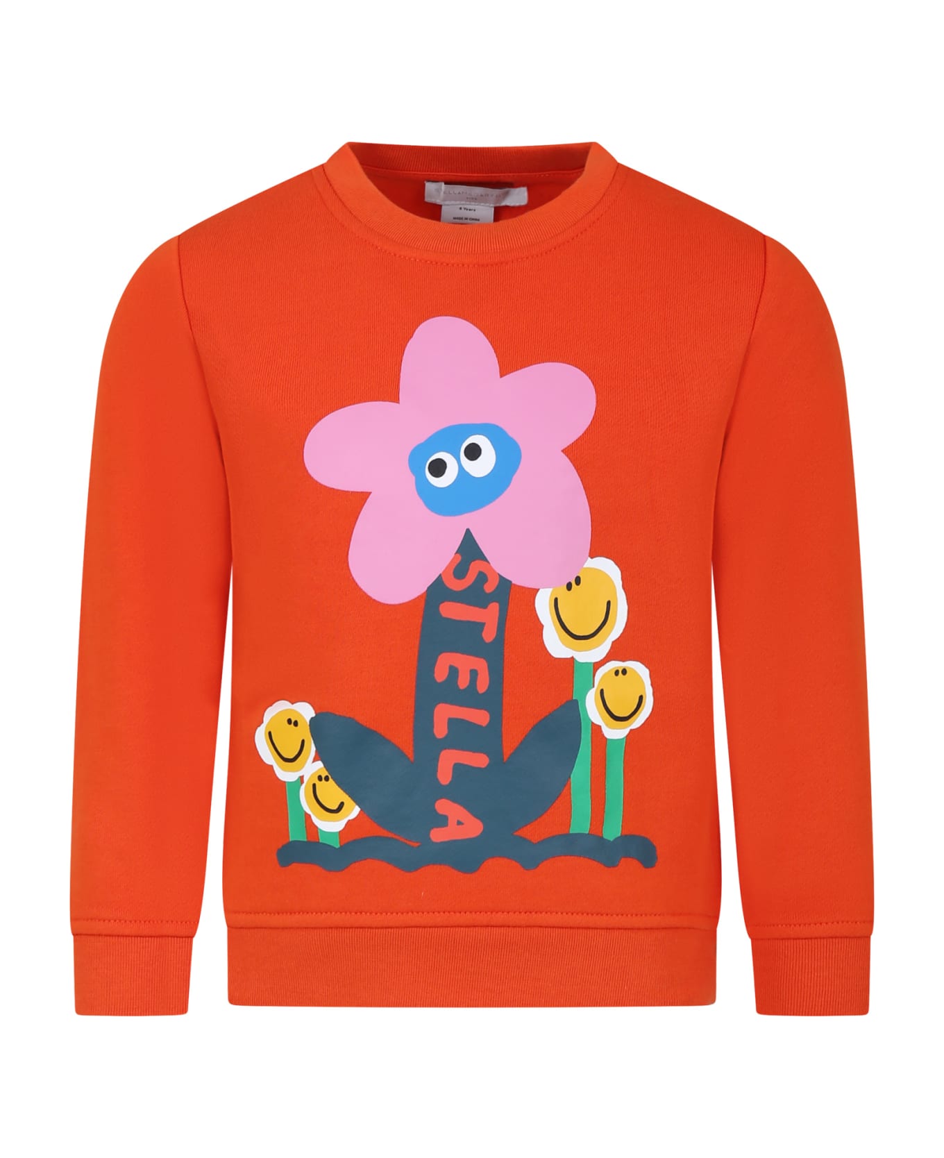 Stella McCartney Kids Orange Sweatshirt For Girl With Multicolor Flower Print - Orange