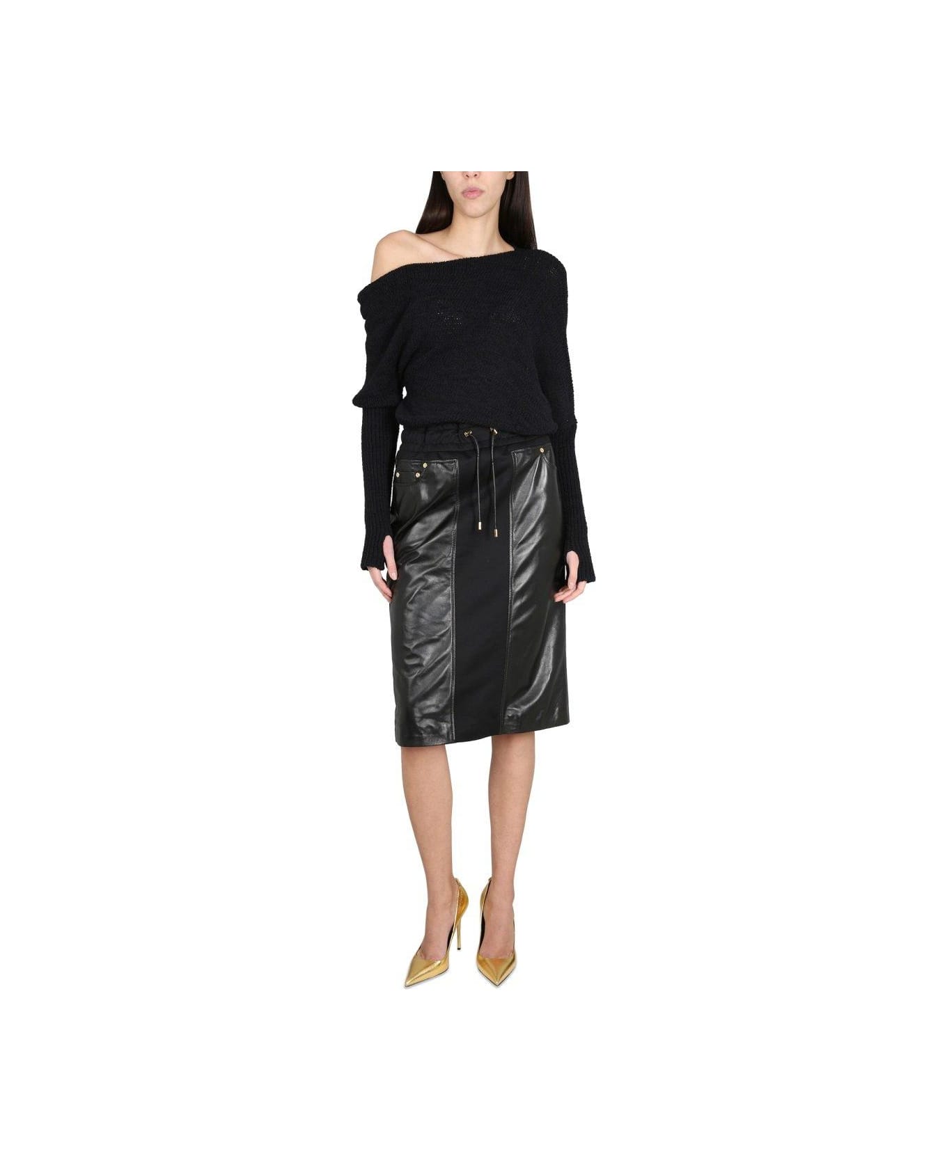 Tom Ford Drawstring Leather Midi Skirt - BLACK