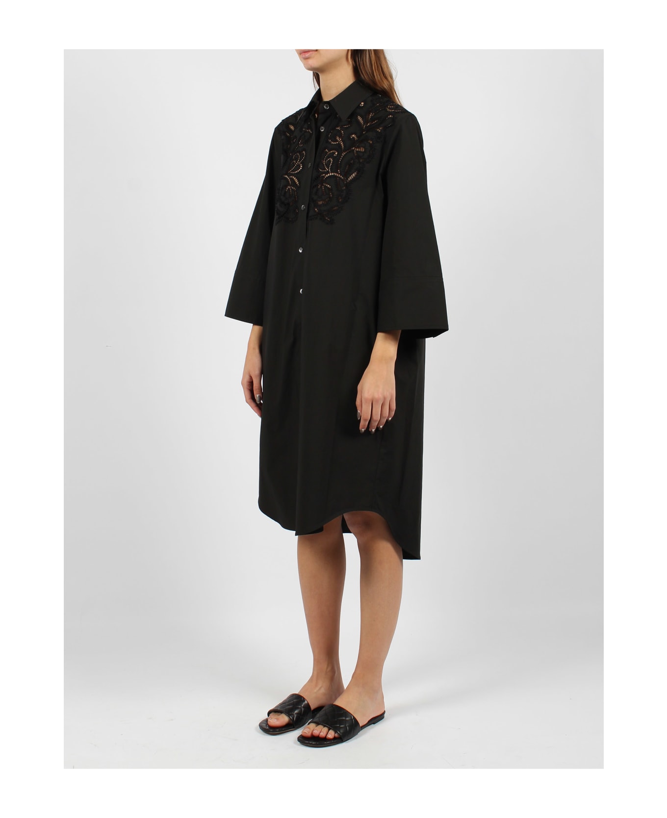Parosh Canyox Lace Embroidery Shirt Dress - Black