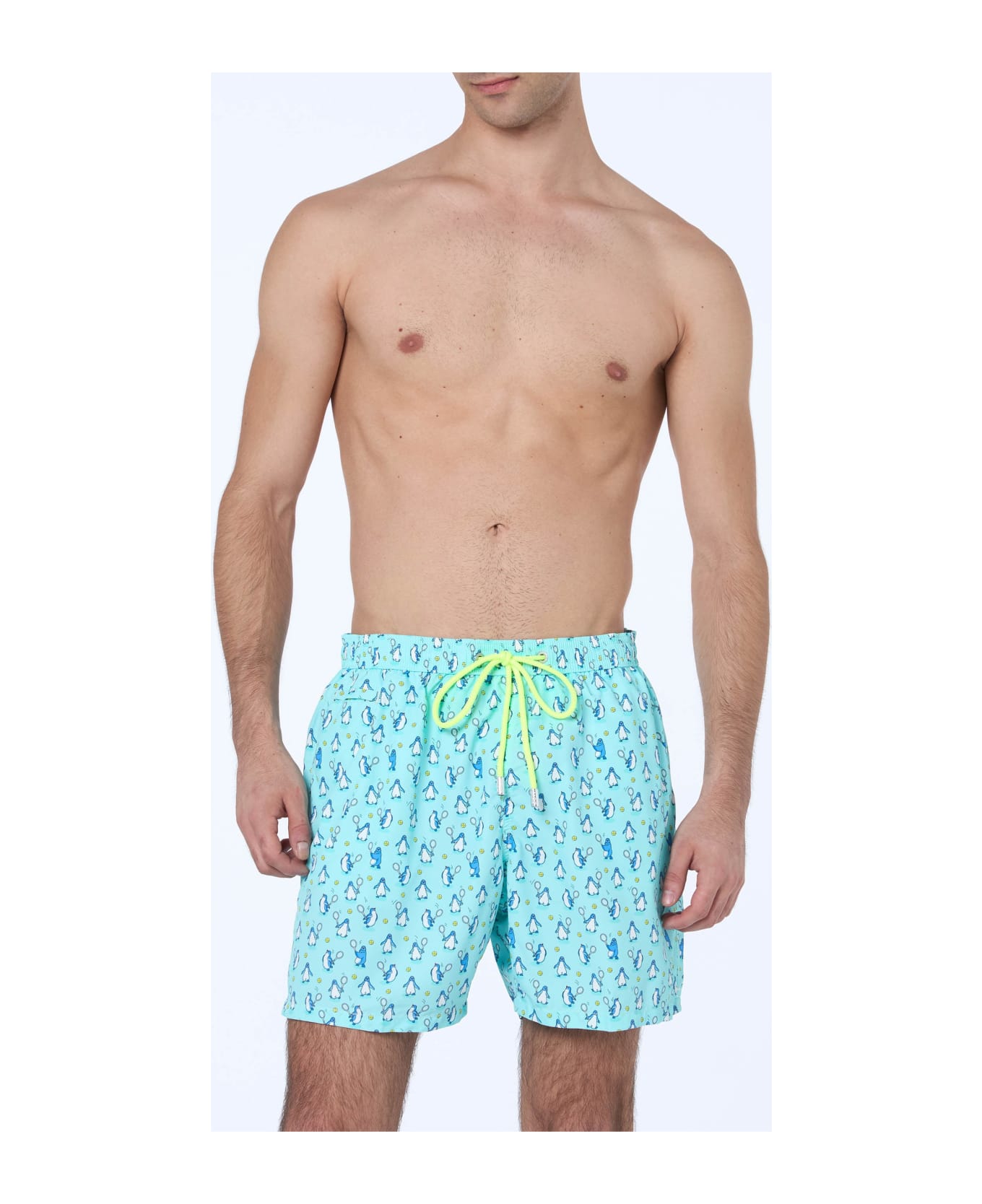 MC2 Saint Barth Man Lightweight Fabric Swim-shorts Lighting Micro Fantasy With Penguins Print - VERDE ACQUA