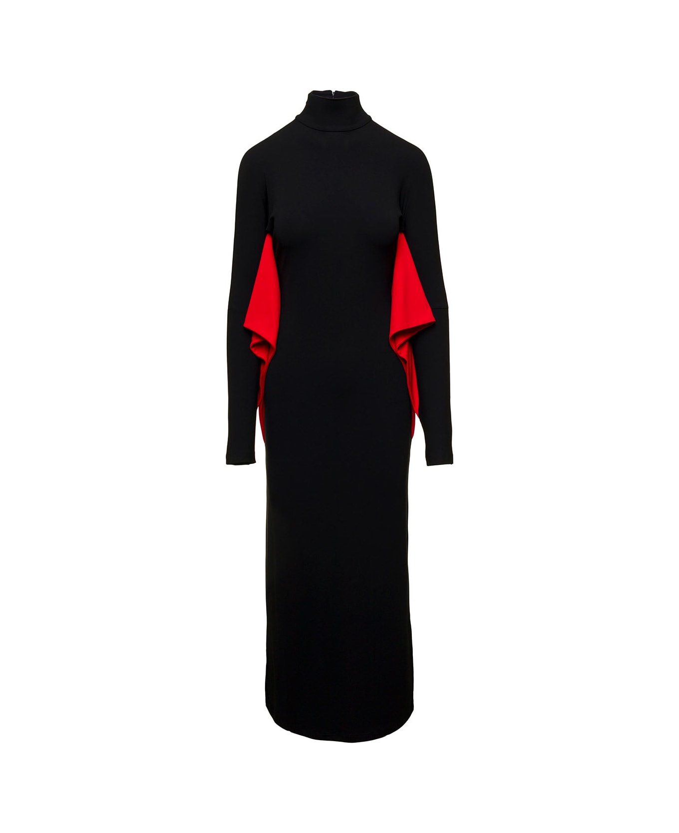 Ferragamo Long Black Dress With Batwing Sleeves With Contrasting Inserts In Stretch Viscose Woman - Black
