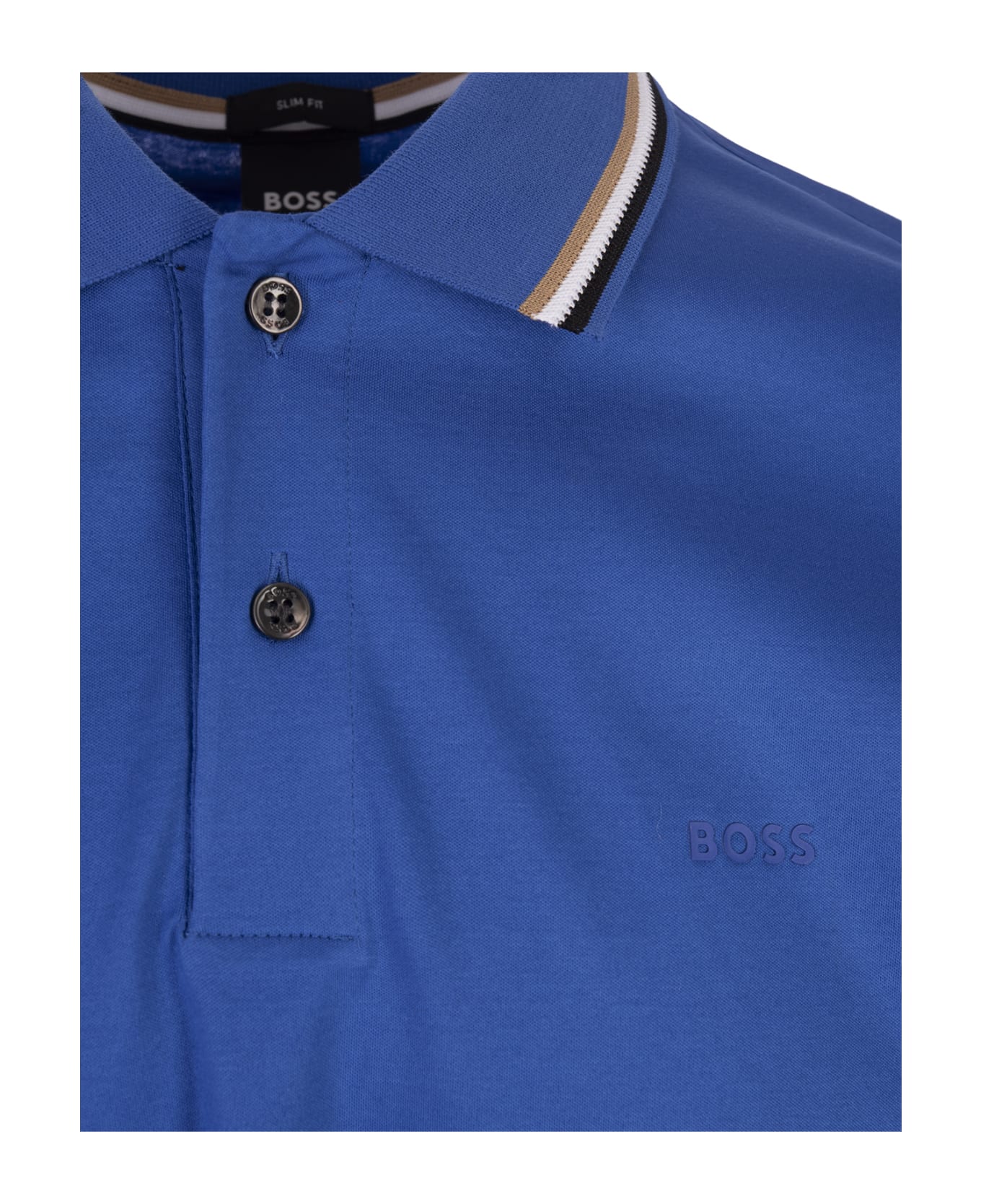 Hugo Boss Royal Blue Slim Fit Polo Shirt With Striped Collar - Blue
