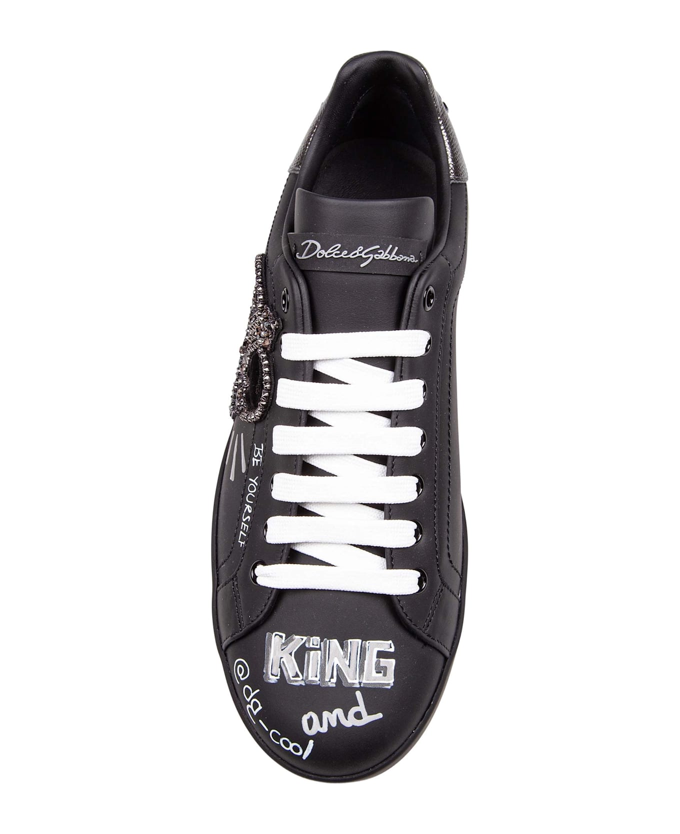 Dolce & Gabbana Portofino Leather Sneakers With Embroidery And Patches - Black / Silver