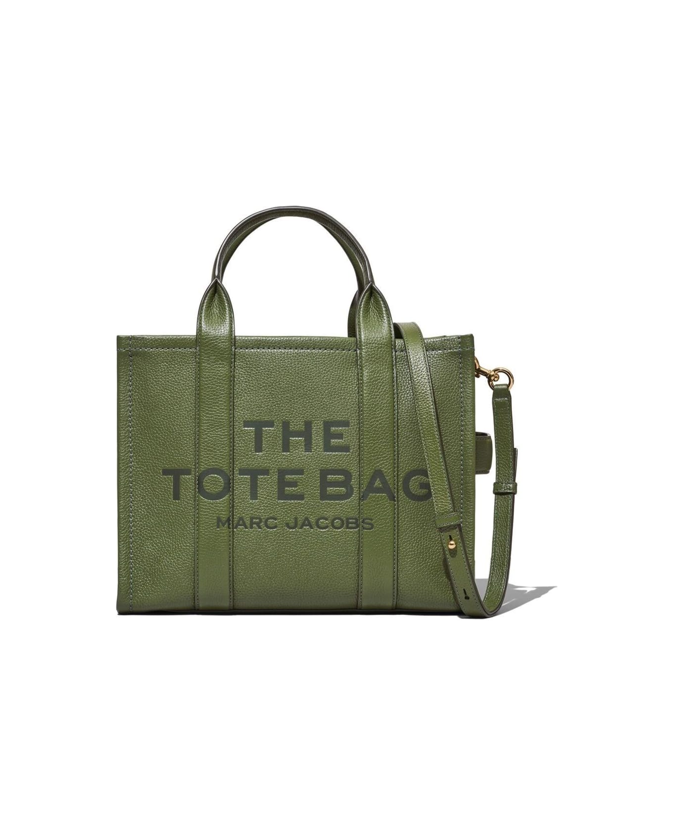 Marc Jacobs 'the Tote Bag Medium' Olive Green Bag With Logo In Grained Leather Woman Marc Jacobs - Green