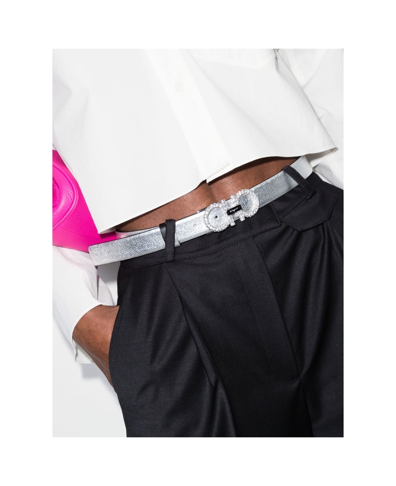 Ferragamo Gancini Strass Leather Belt - Silver