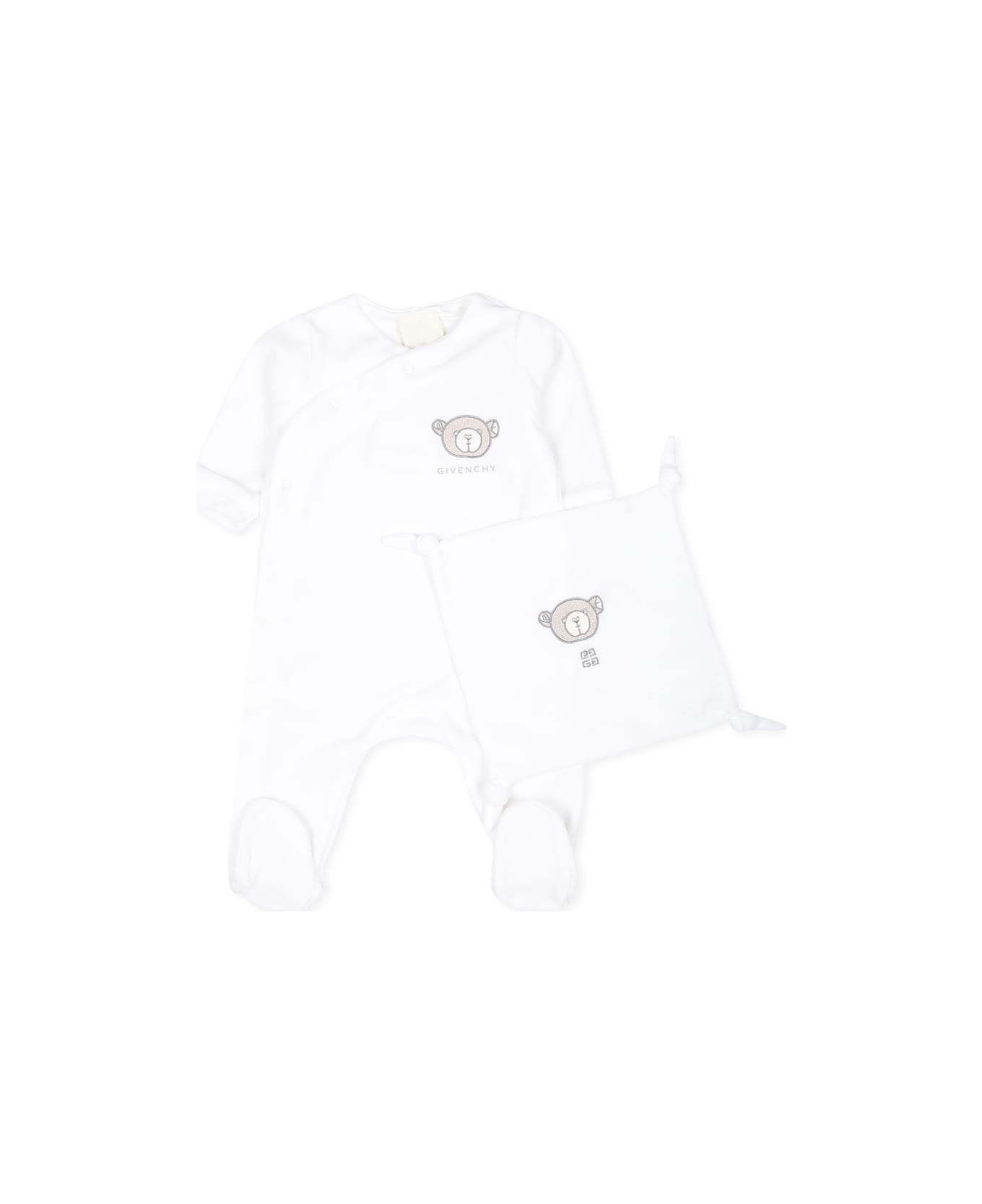 Givenchy White Babygrow Set For Babykids With Bear And Logo - White