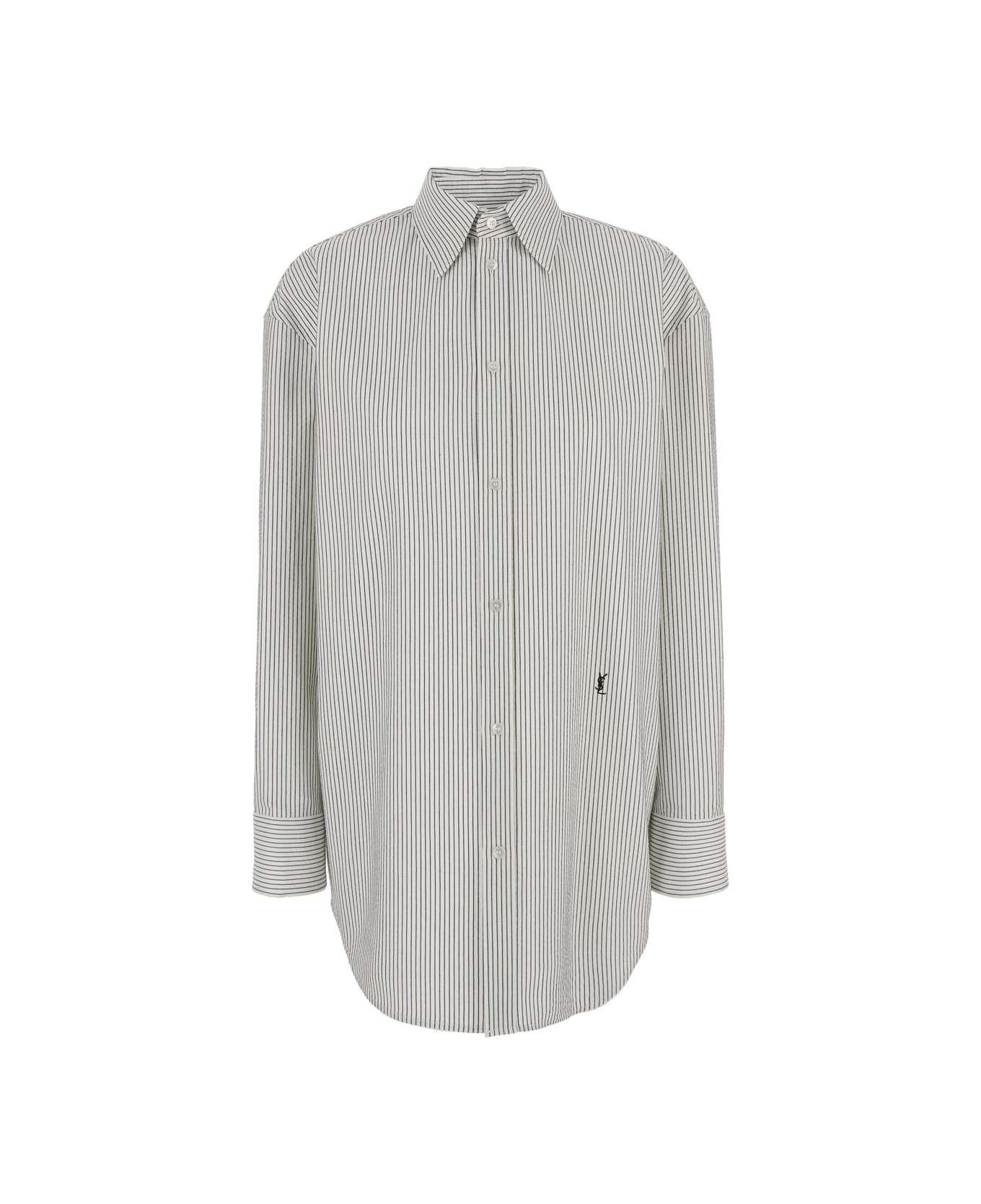 Saint Laurent Grey Shirt With Cassandre Embroidery And All-over Striped Motif In Cotton Woman - Grey