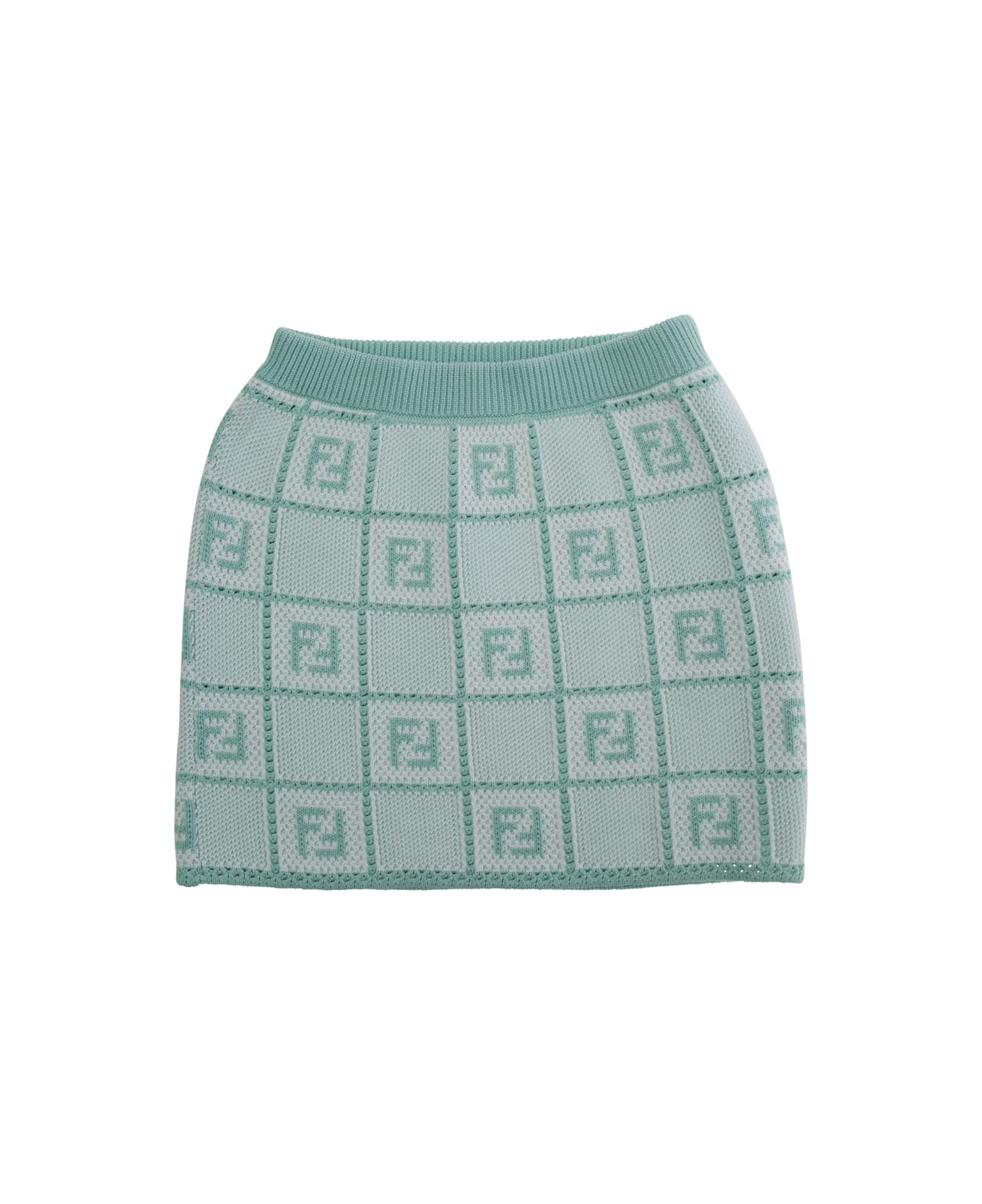 Fendi Light Blue Skirt With Check Motif And All-over Logo Embroidery In Cotton Blend Girl - Light blue